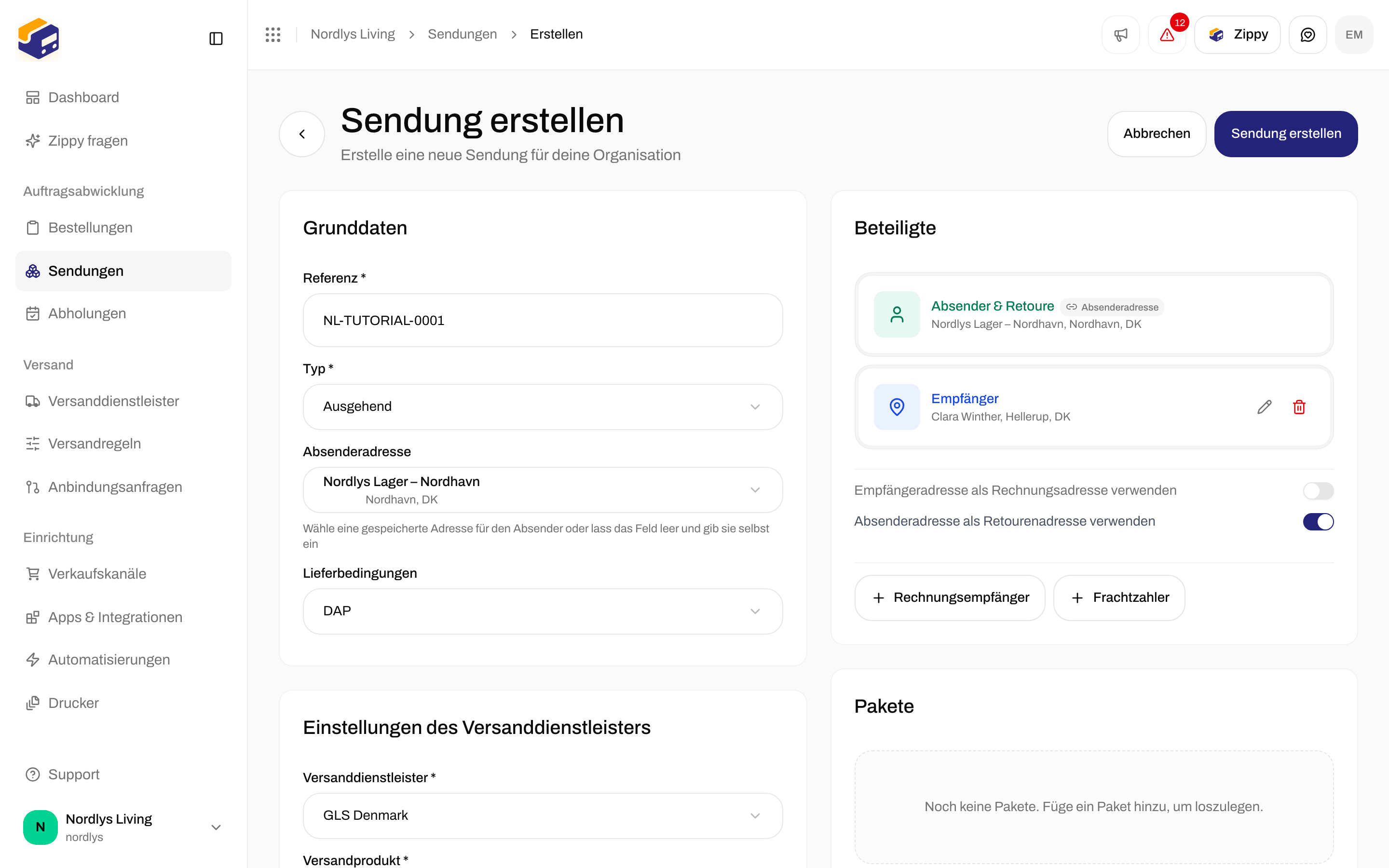 Karte Beteiligte mit aus der Absenderadresse gesperrtem Absender und Retoure, einer Zeile Empfänger und den Schaltern für gleiche Adressen