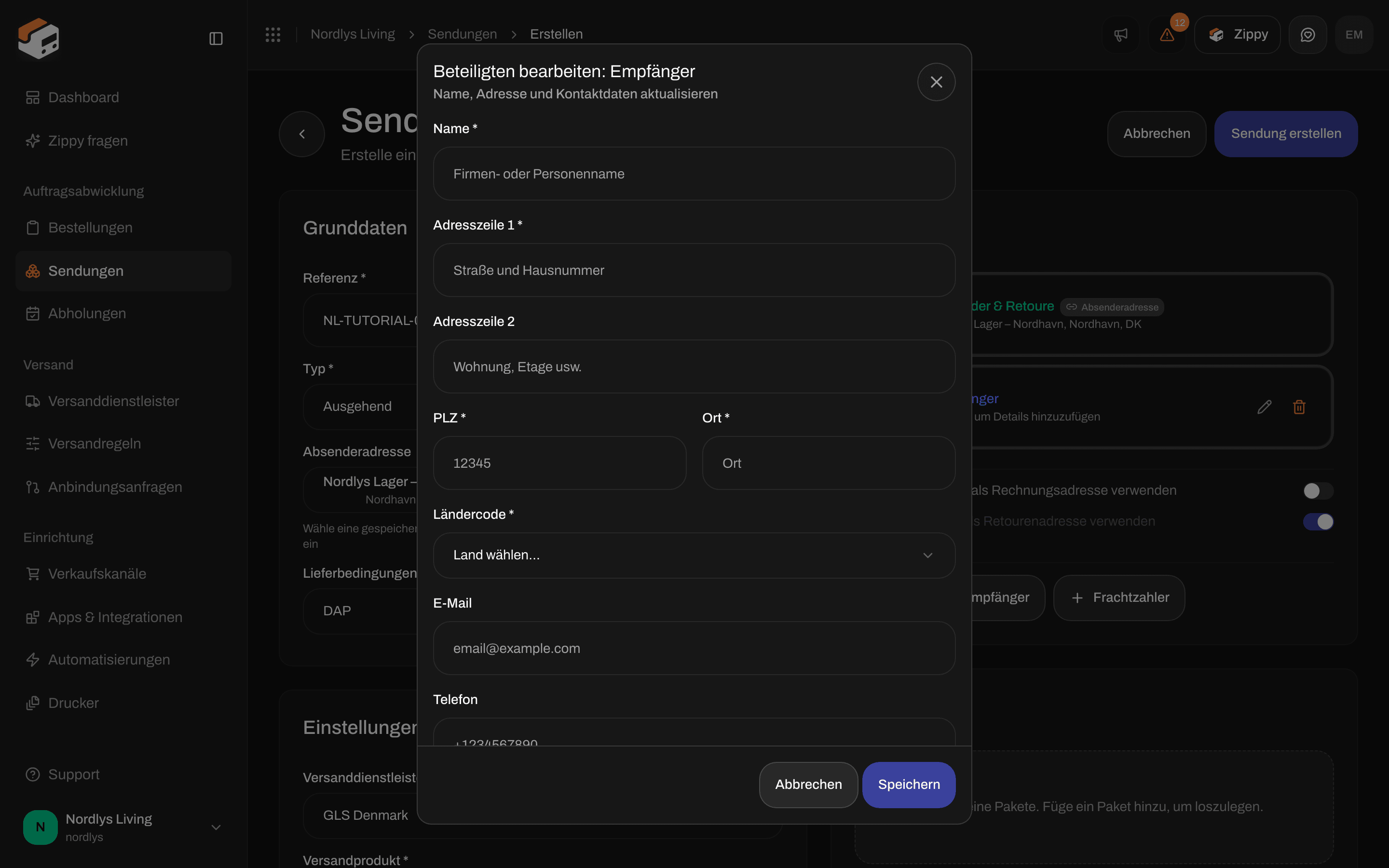 Fenster Beteiligten bearbeiten: Empfänger mit Name, Adresse, PLZ, Ort, Länderauswahl, E-Mail und Telefon