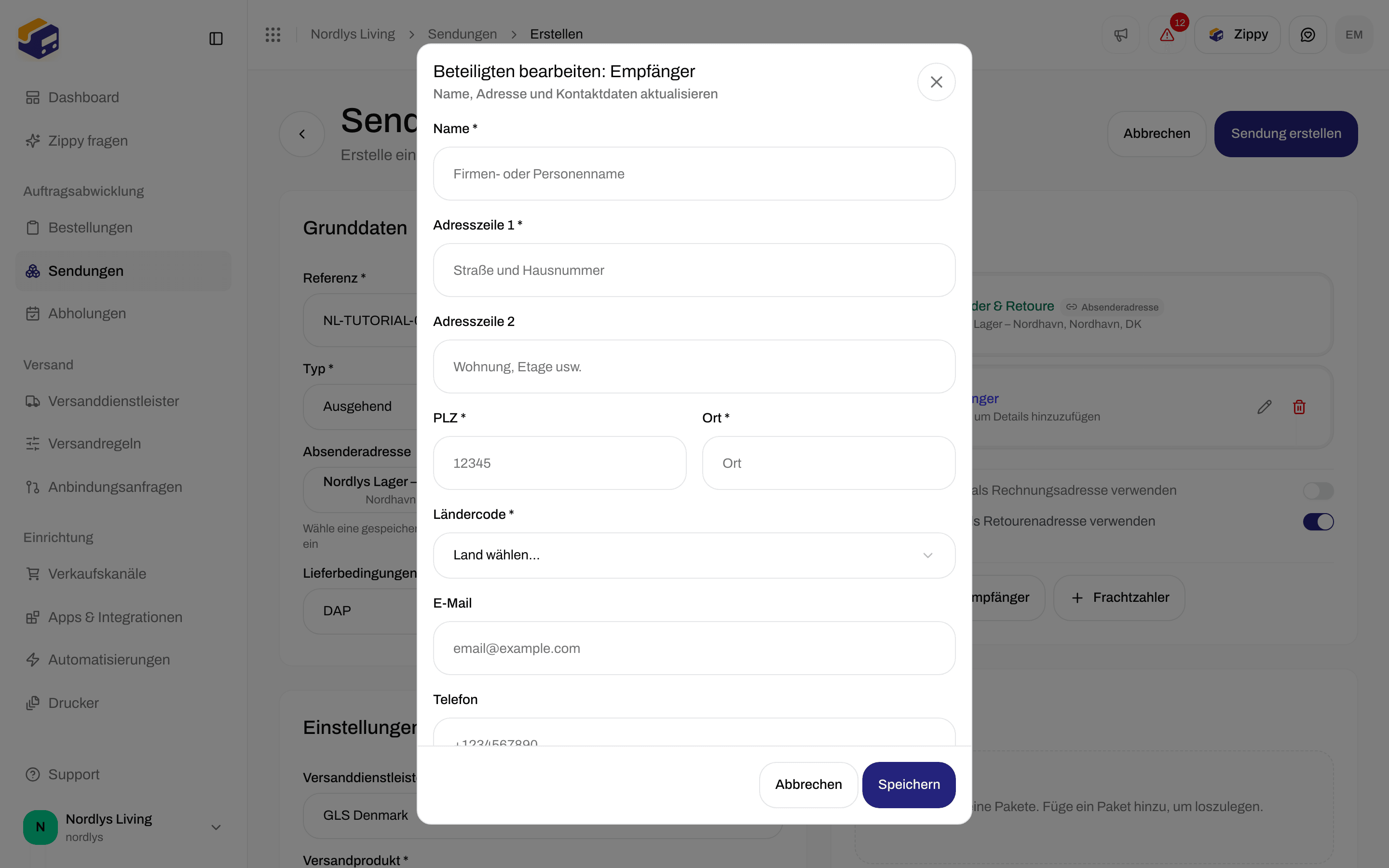 Fenster Beteiligten bearbeiten: Empfänger mit Name, Adresse, PLZ, Ort, Länderauswahl, E-Mail und Telefon