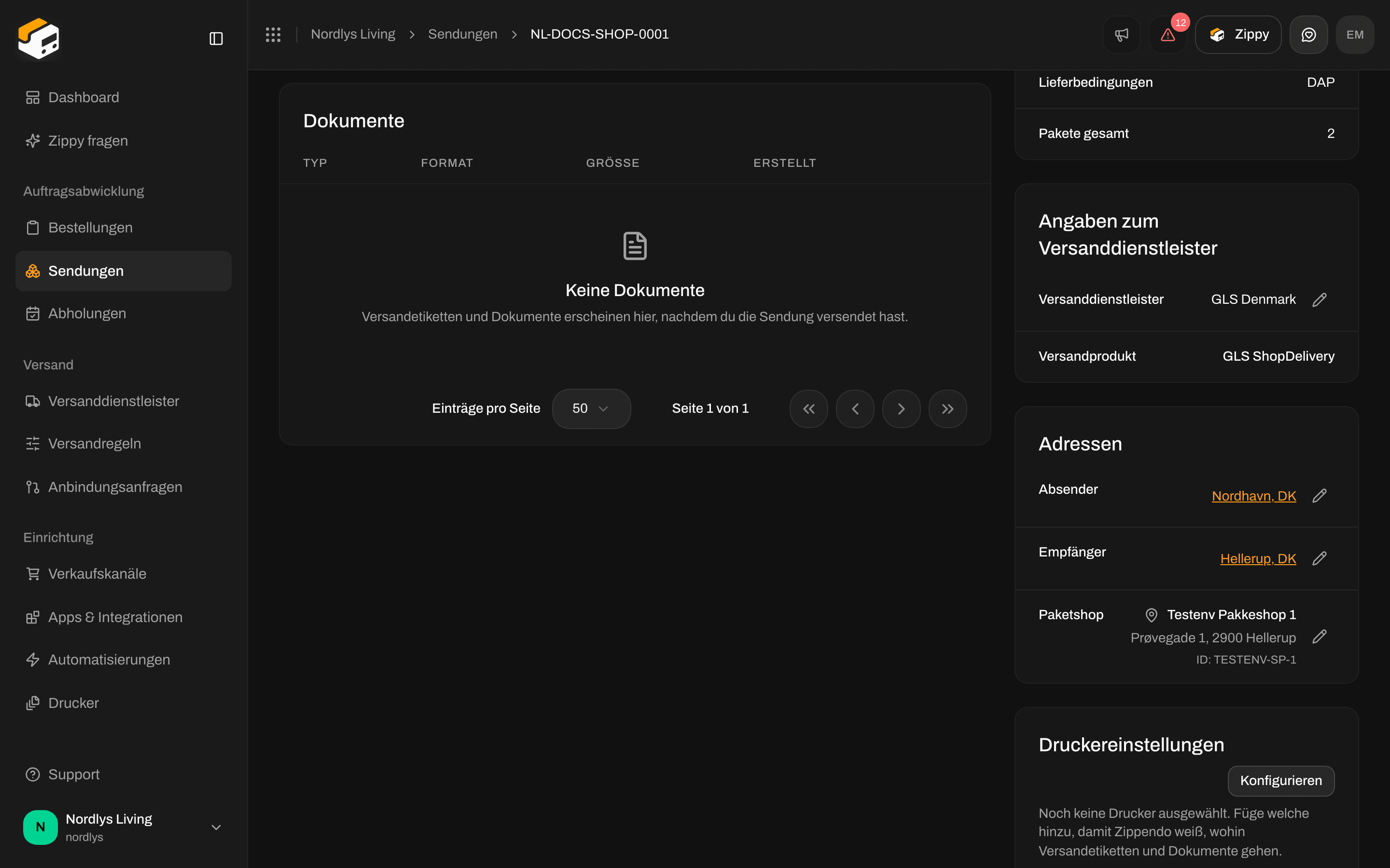 Adressen der Sendung mit den Zeilen Absender und Empfänger und Stift-Schaltflächen