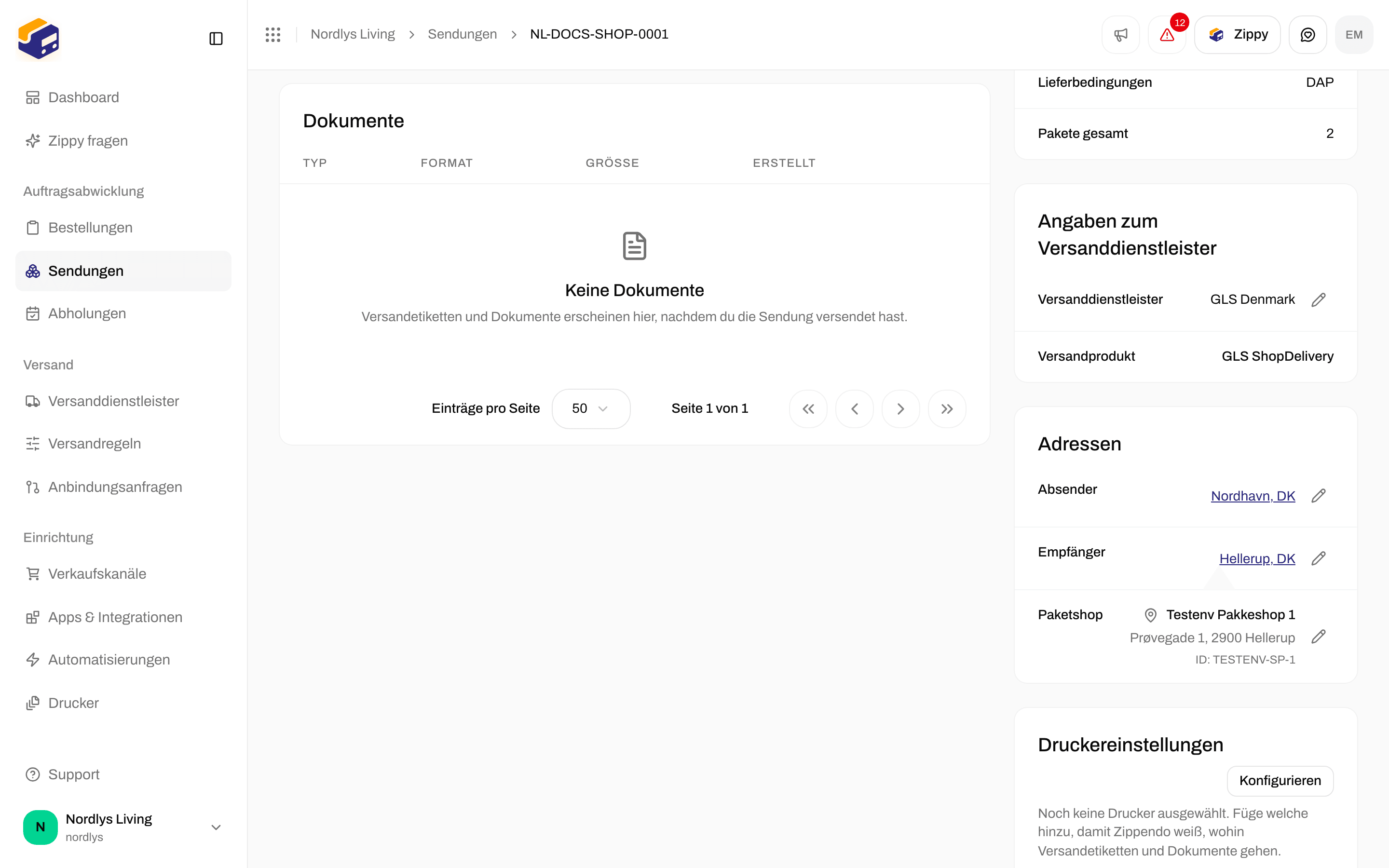 Adressen der Sendung mit den Zeilen Absender und Empfänger und Stift-Schaltflächen