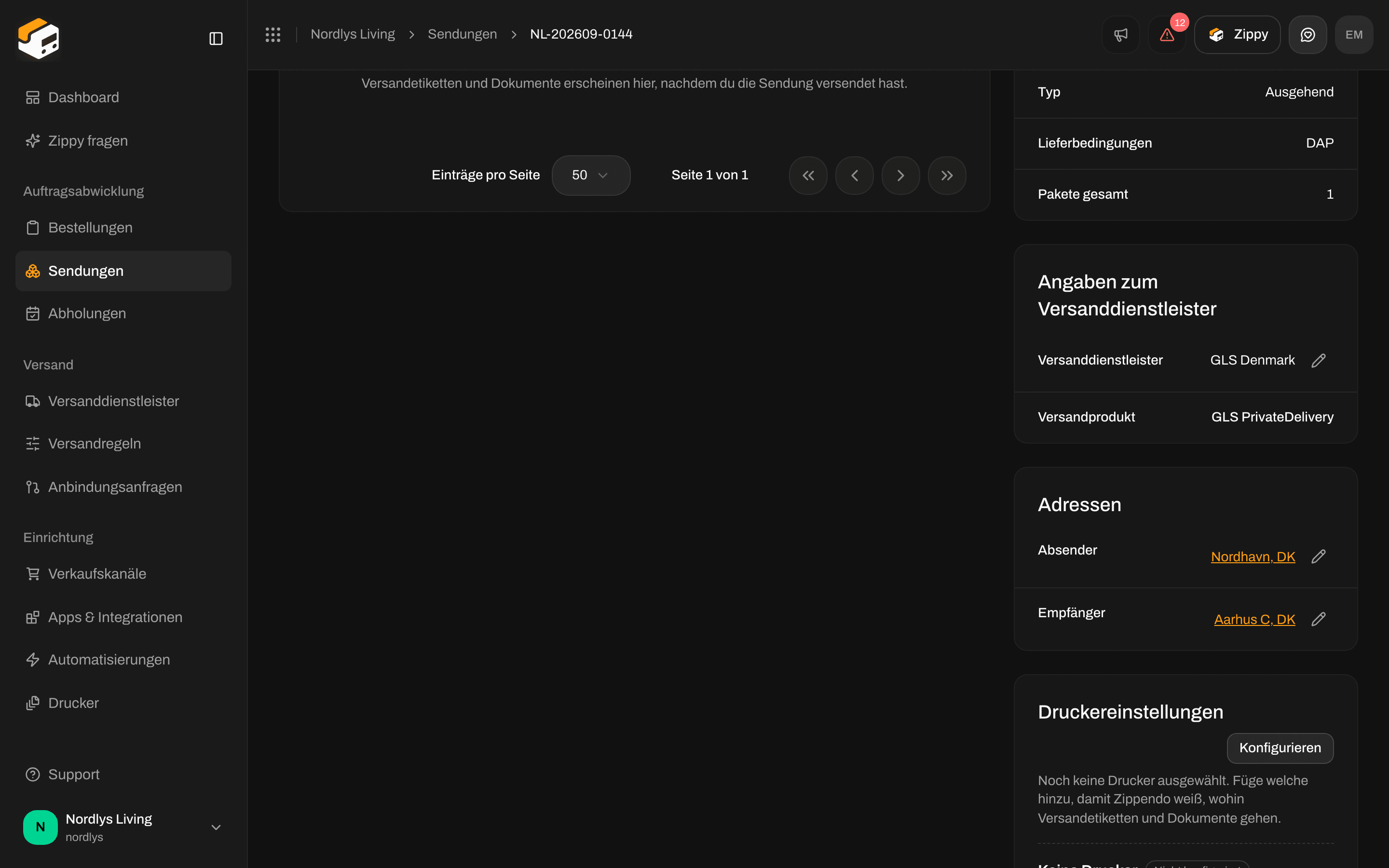 Feld Druckereinstellungen bei einer Sendung mit Keine Drucker und Nicht konfiguriert