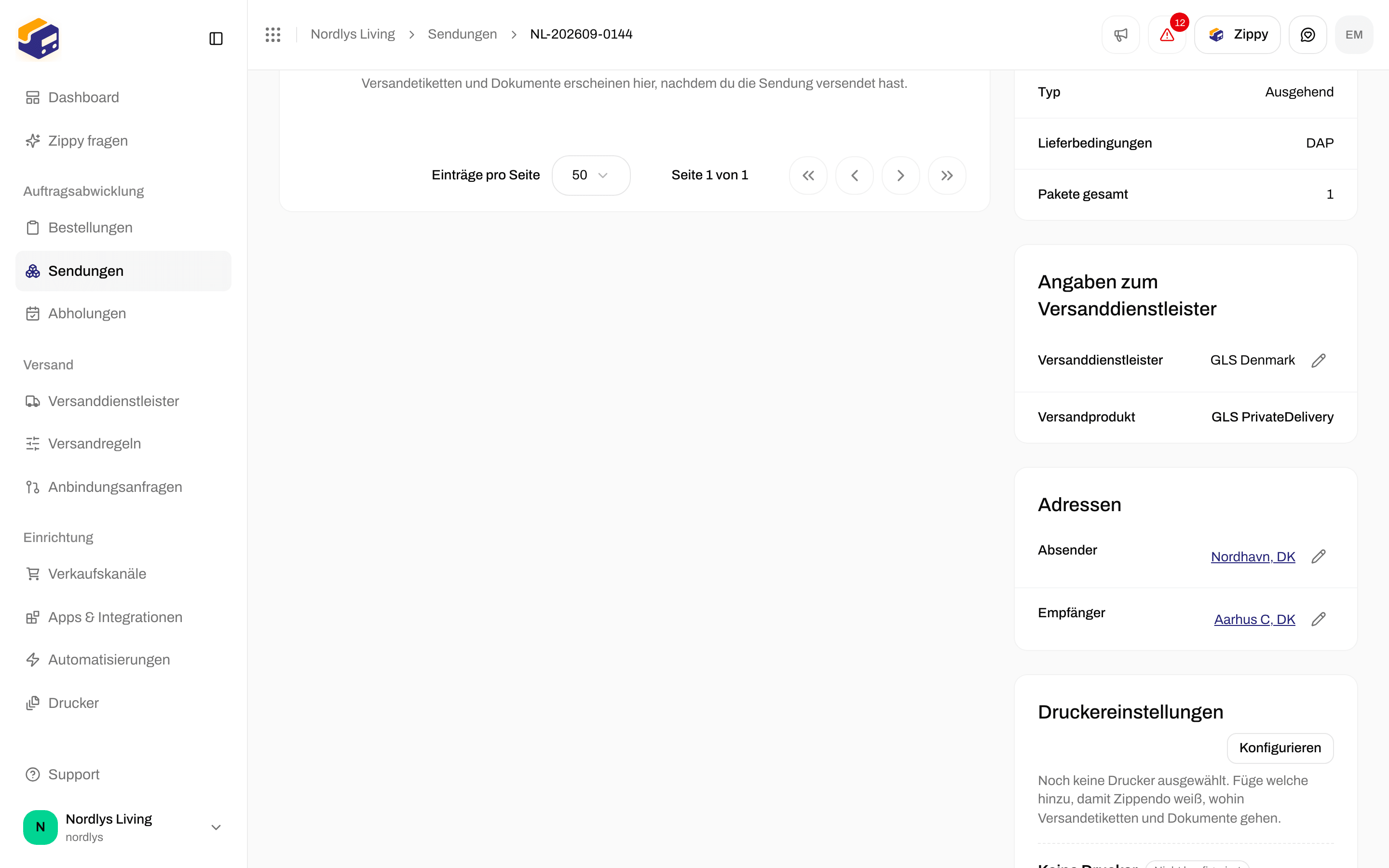 Feld Druckereinstellungen bei einer Sendung mit Keine Drucker und Nicht konfiguriert
