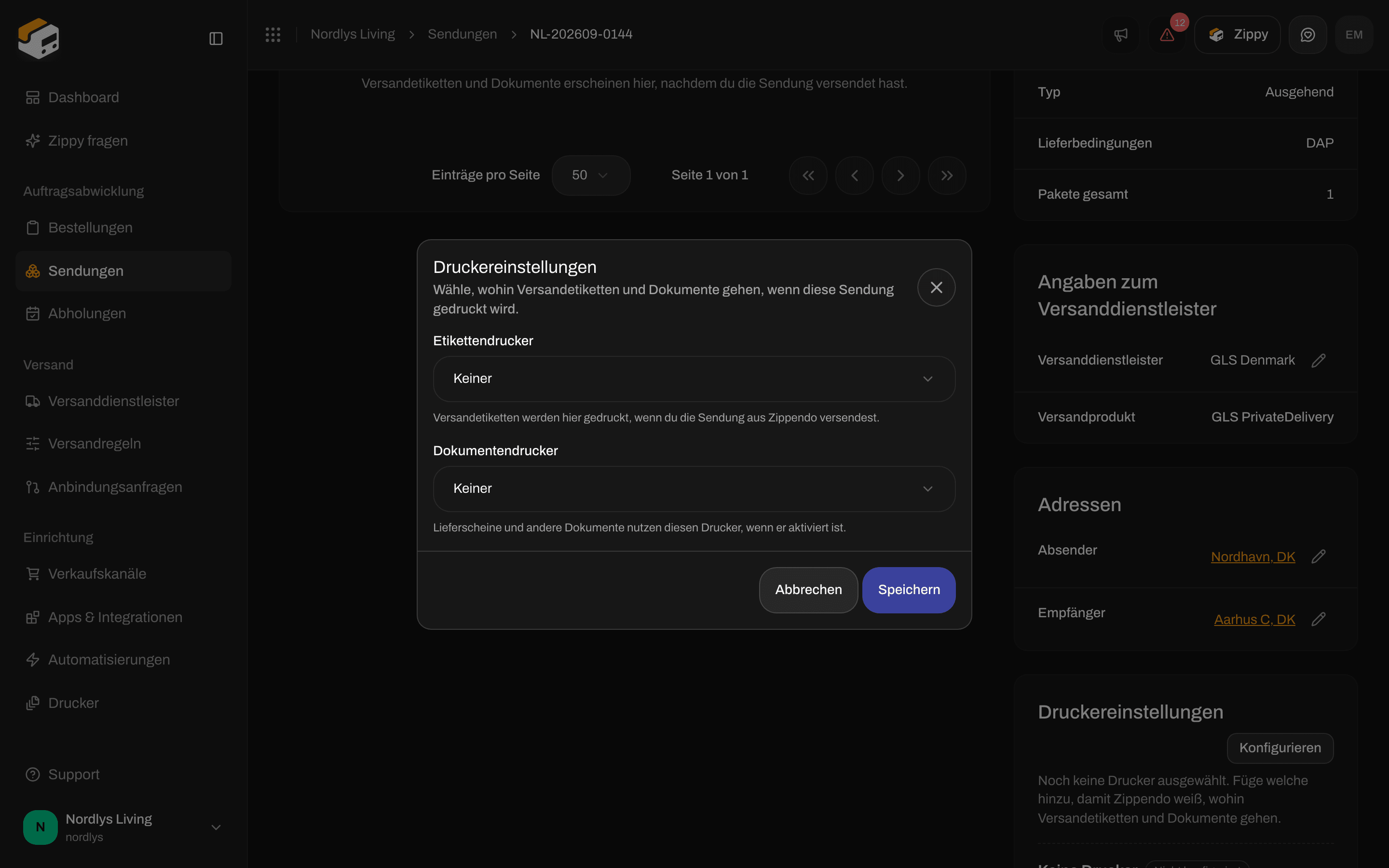 Fenster Druckereinstellungen mit den Listen Etikettendrucker und Dokumentendrucker