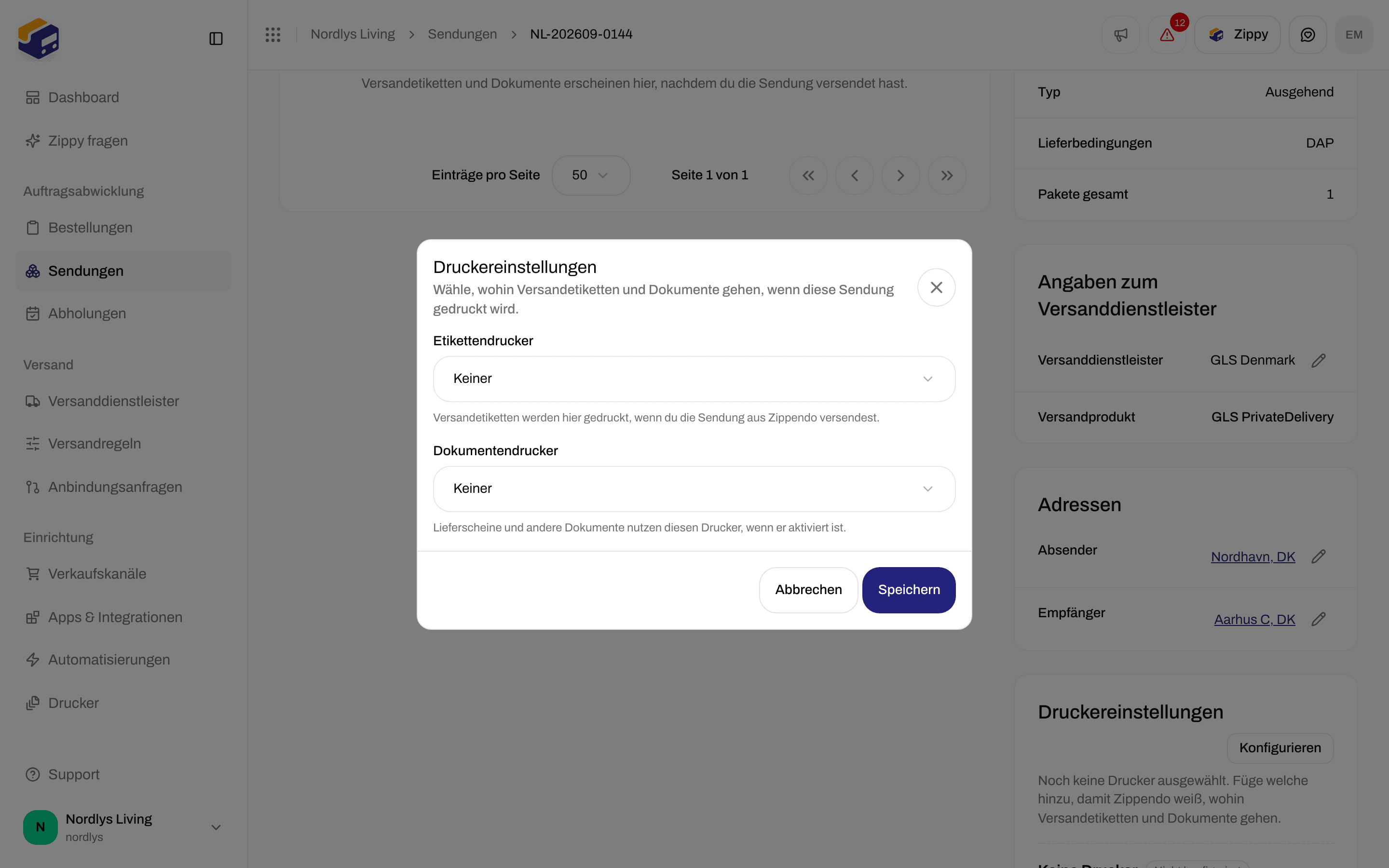 Fenster Druckereinstellungen mit den Listen Etikettendrucker und Dokumentendrucker