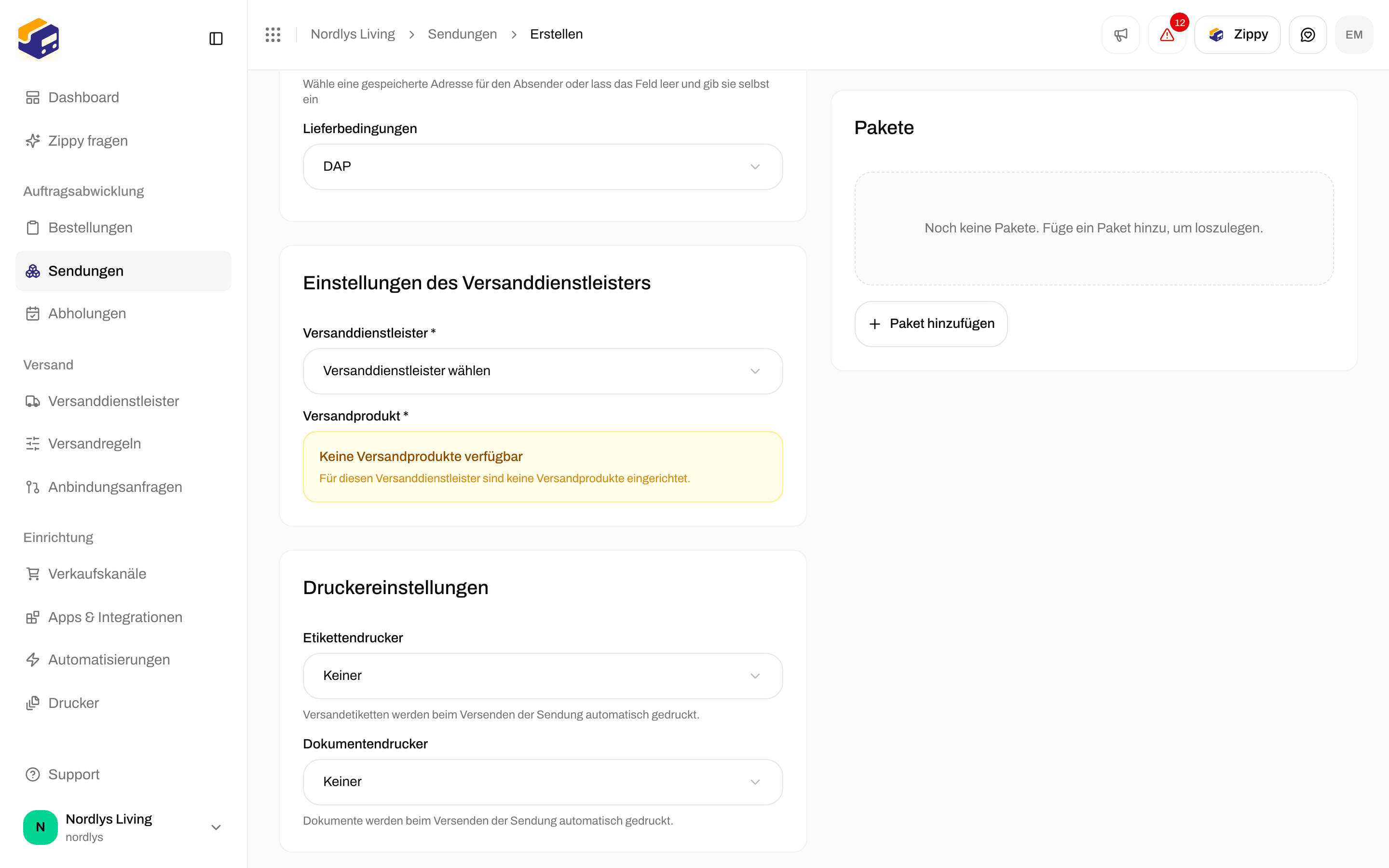 Feld Druckereinstellungen bei Sendung erstellen mit Etikettendrucker und Dokumentendrucker auf Keine