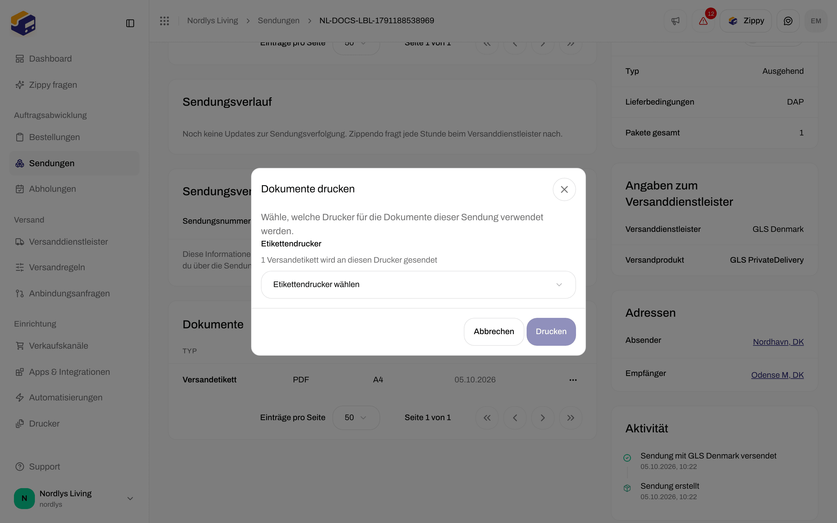 Fenster Dokumente drucken mit der Frage nach einem Etikettendrucker und der Anzahl der zu sendenden Versandetiketten