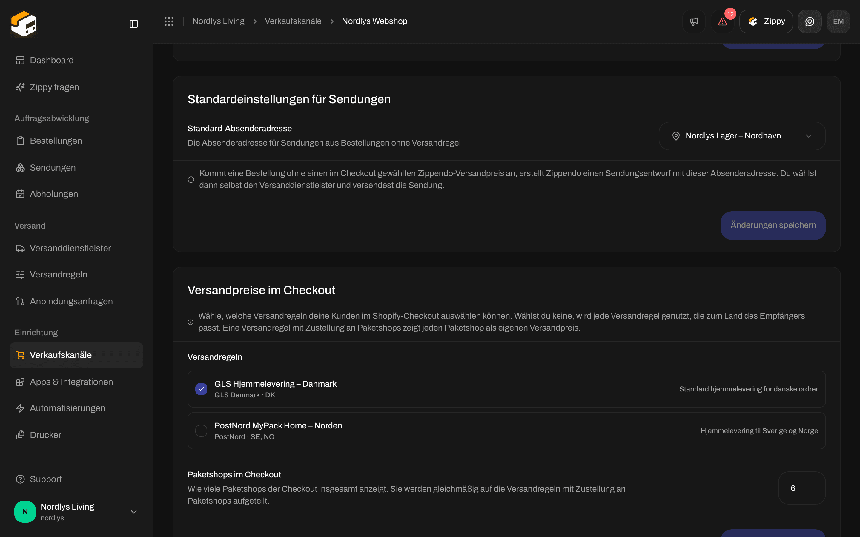 Versandpreise im Checkout mit Kontrollkästchen für Versandregeln und Paketshops im Checkout auf 6