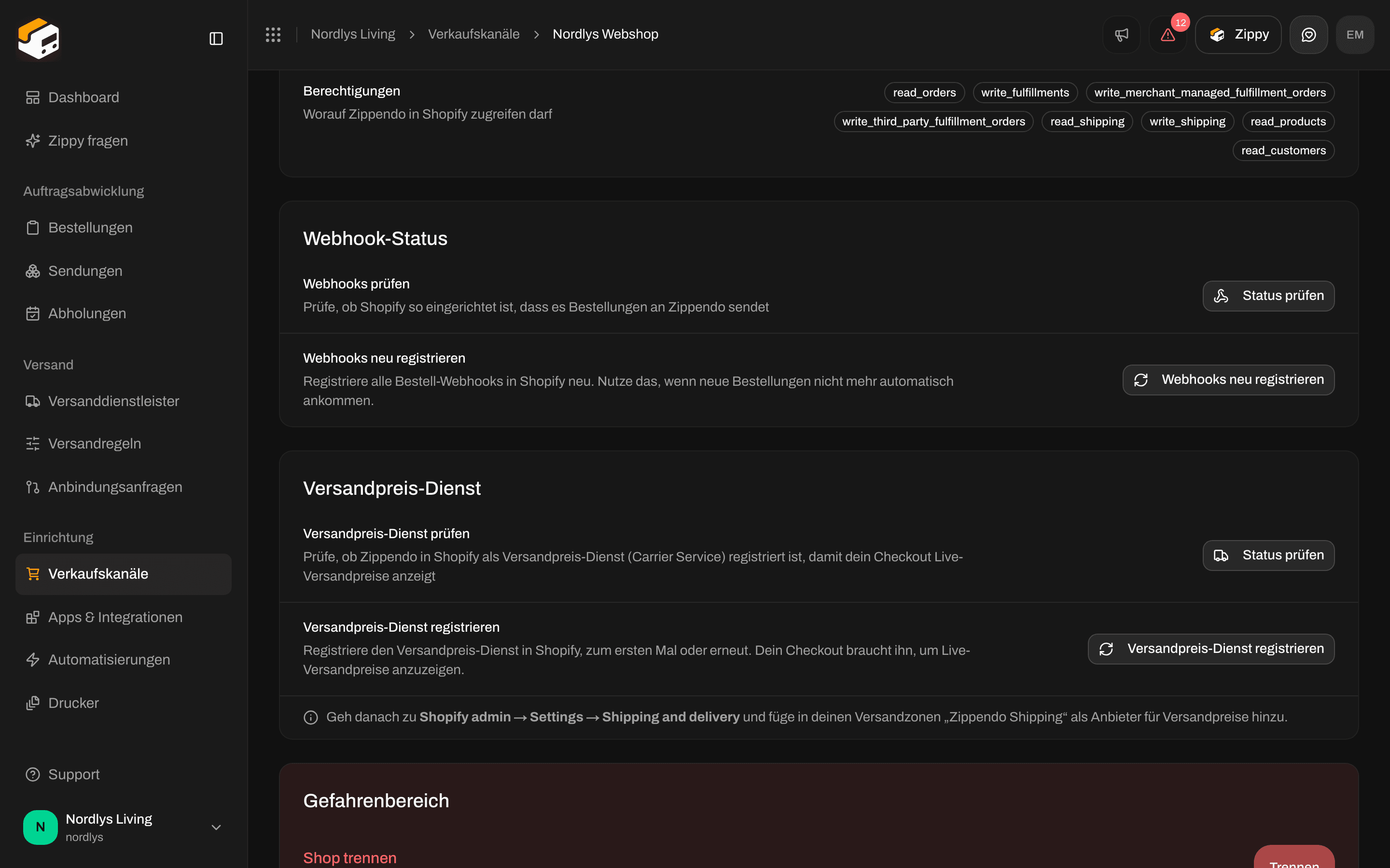 Shopify-Tab Verbindung & Integration mit der Karte Versandpreis-Dienst, Status prüfen und Versandpreis-Dienst registrieren