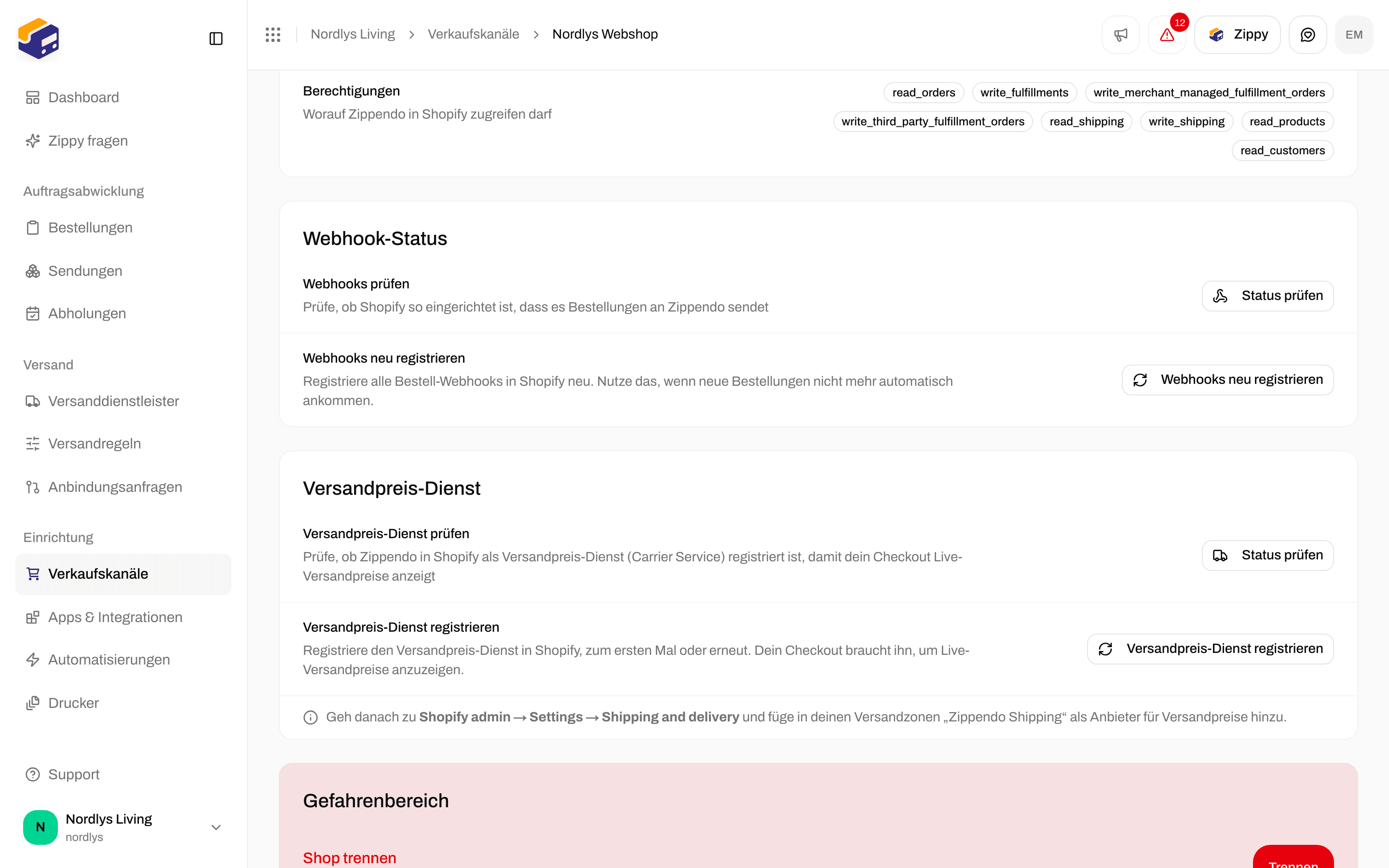 Shopify-Tab Verbindung & Integration mit der Karte Versandpreis-Dienst, Status prüfen und Versandpreis-Dienst registrieren