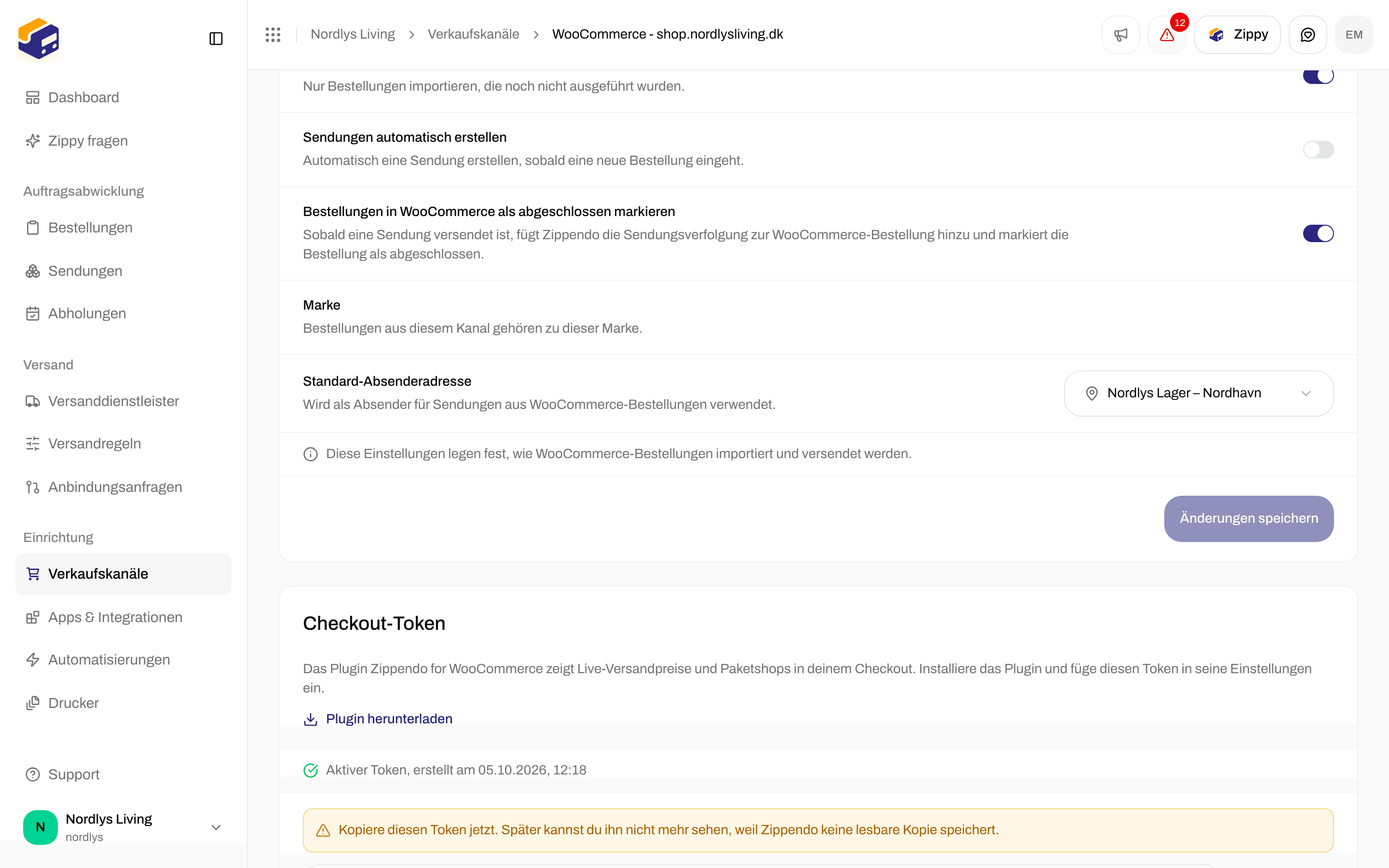 Karte Checkout-Token mit dem Einmal-Hinweis, dem zck_-Token, Kopieren, Widerrufen und Token ersetzen