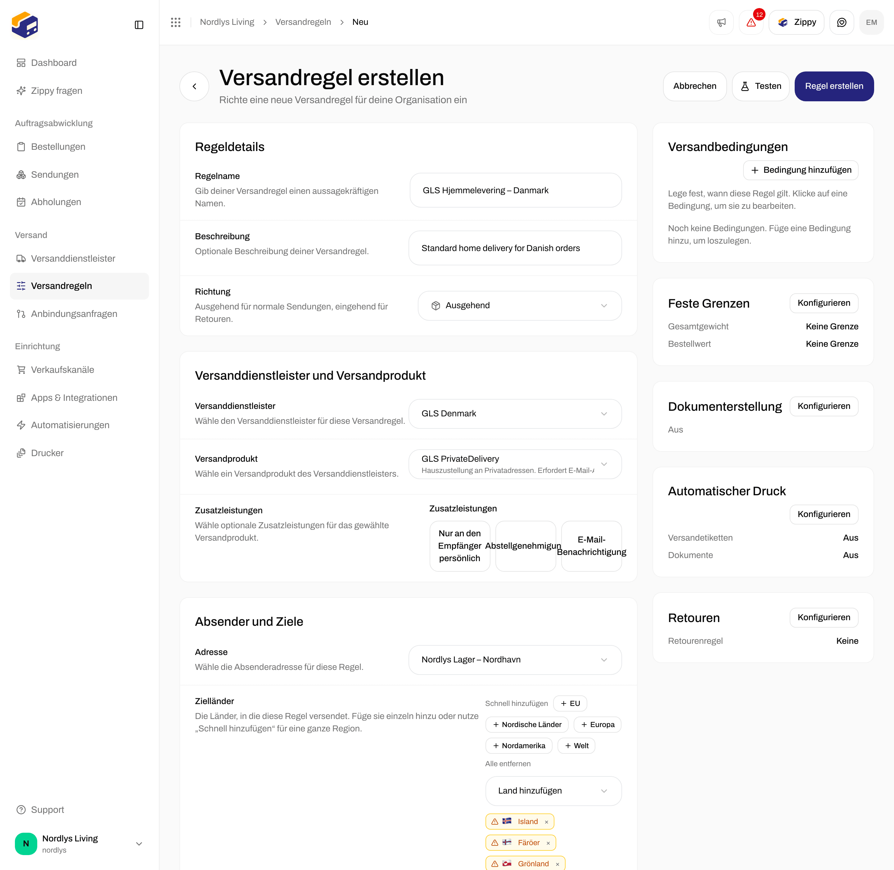 Formular Versandregel erstellen mit GLS Denmark, GLS PrivateDelivery und den nordischen Ländern als Ländern