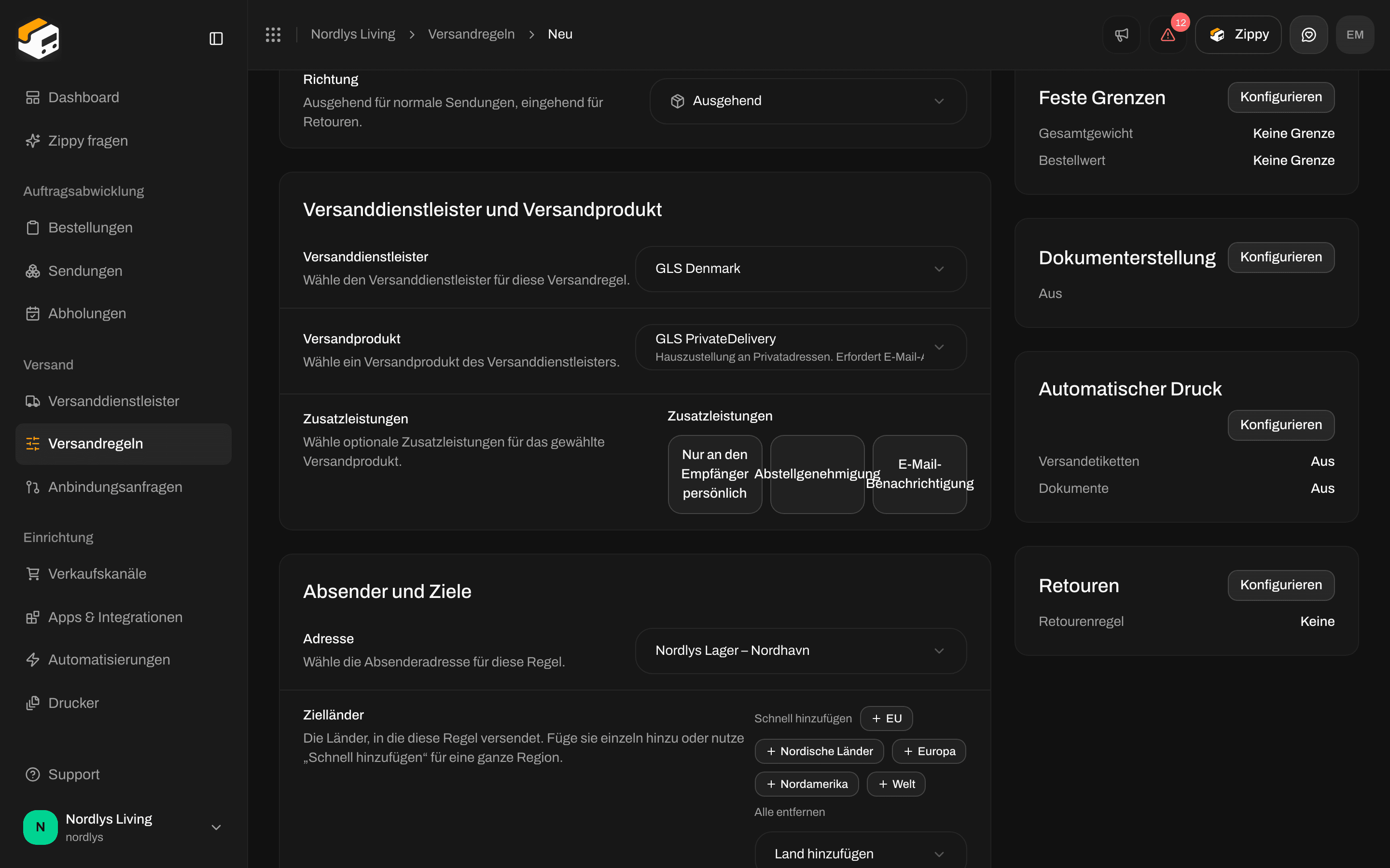 Feste Grenzen mit Minimum und Maximum für Gesamtgewicht und Bestellwert