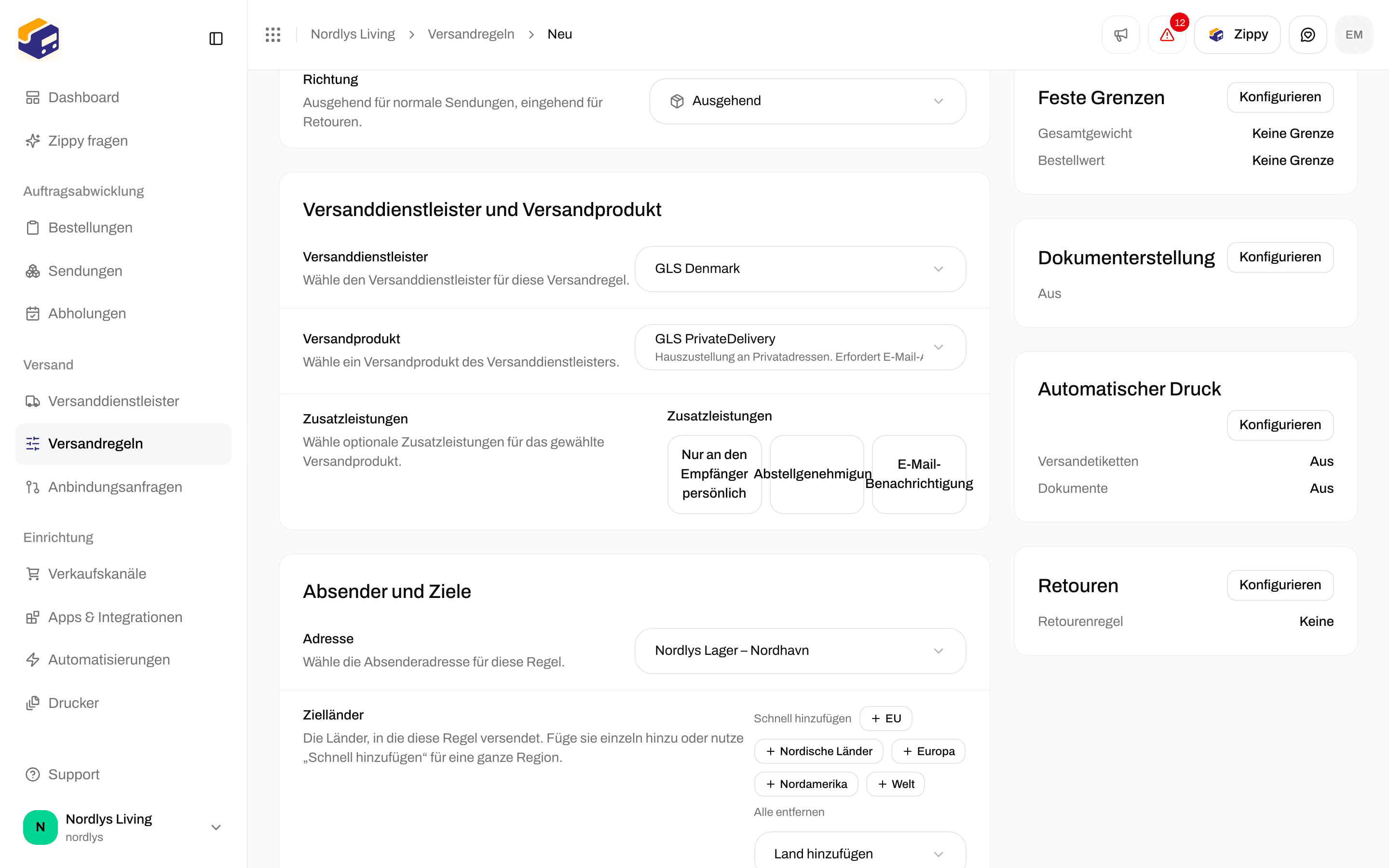 Feste Grenzen mit Minimum und Maximum für Gesamtgewicht und Bestellwert