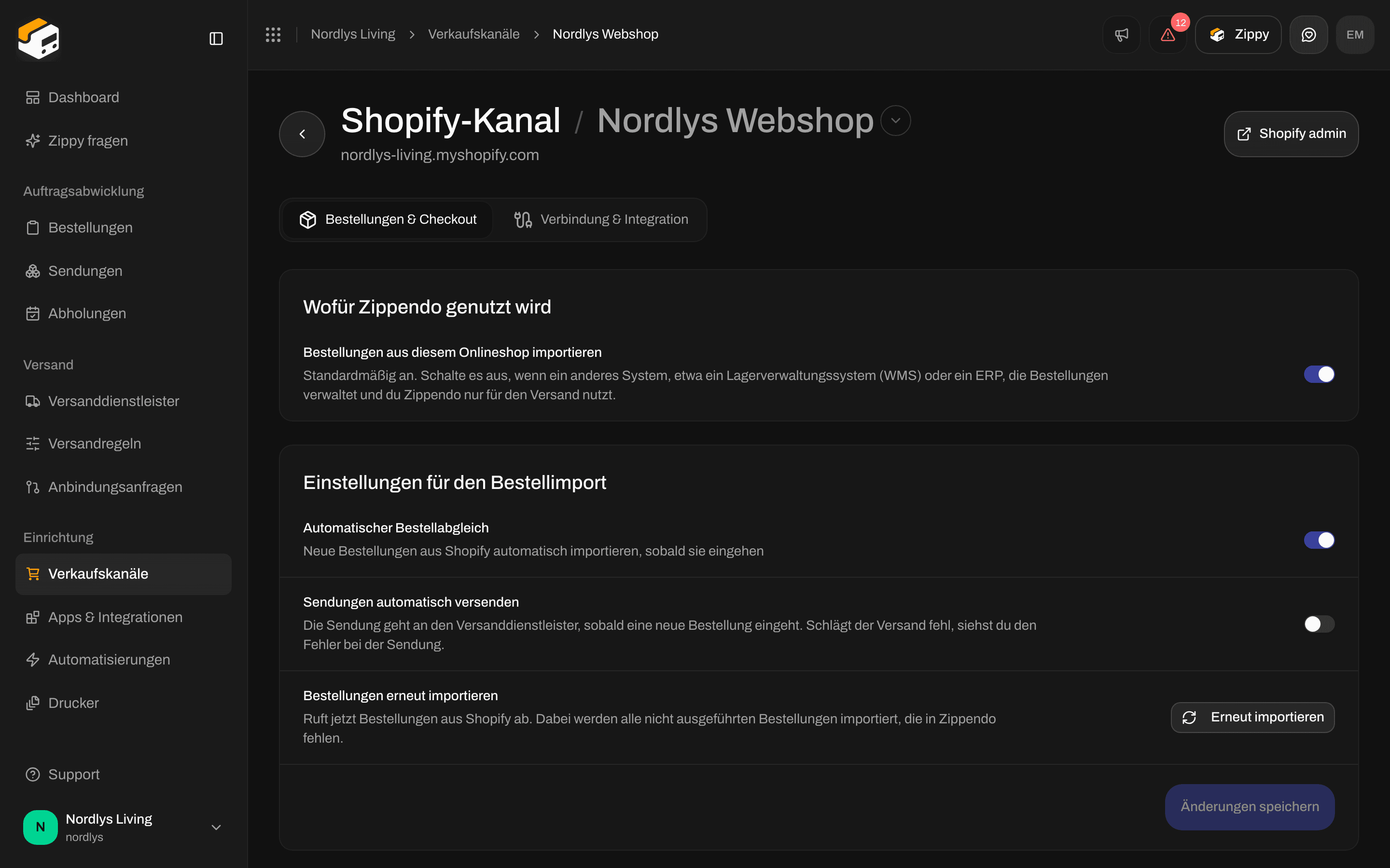 Tab Bestellungen & Checkout bei Shopify mit den Schaltern für Bestellimport und Auftragsabwicklung