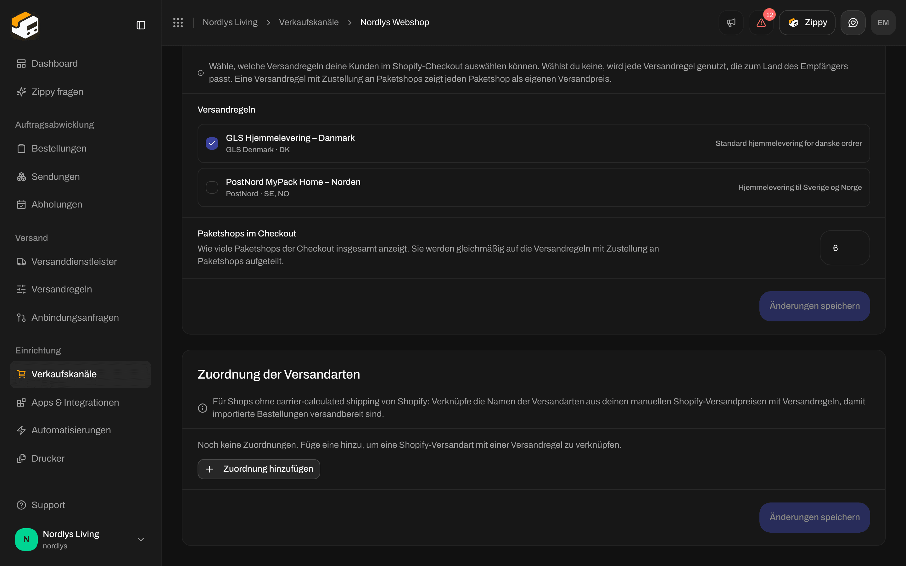 Zuordnung der Versandarten ohne Zuordnungen und mit der Schaltfläche Zuordnung hinzufügen