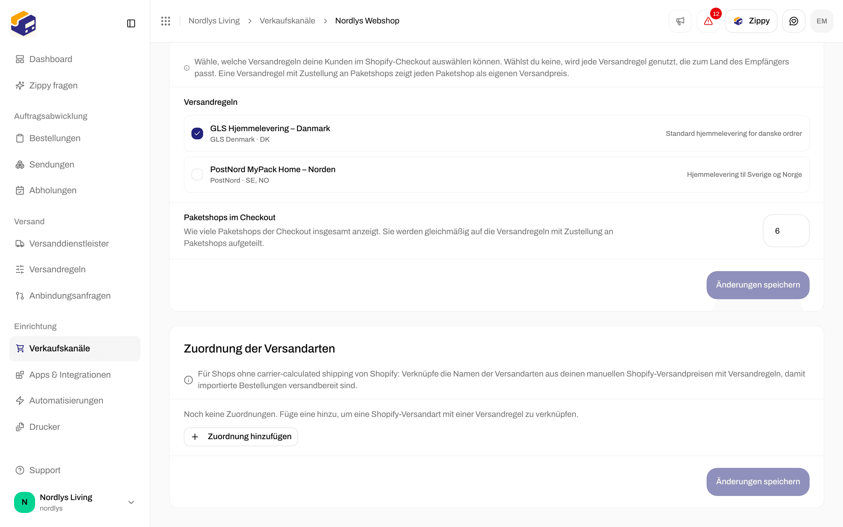 Zuordnung der Versandarten ohne Zuordnungen und mit der Schaltfläche Zuordnung hinzufügen