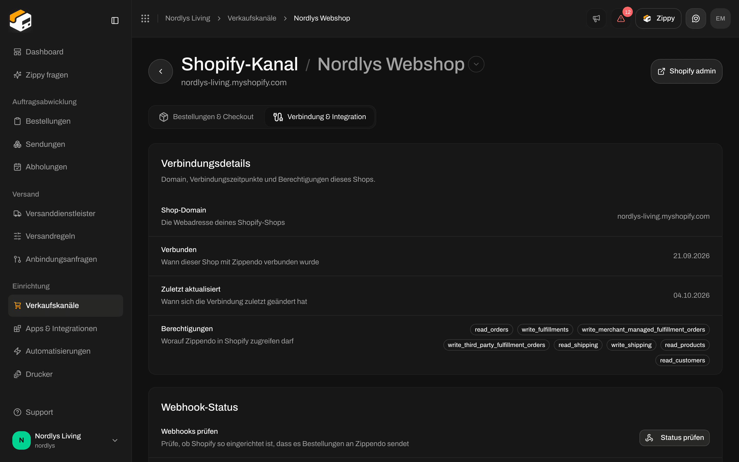 Tab Verbindung & Integration bei Shopify mit Verbindungsdetails und Statusprüfungen
