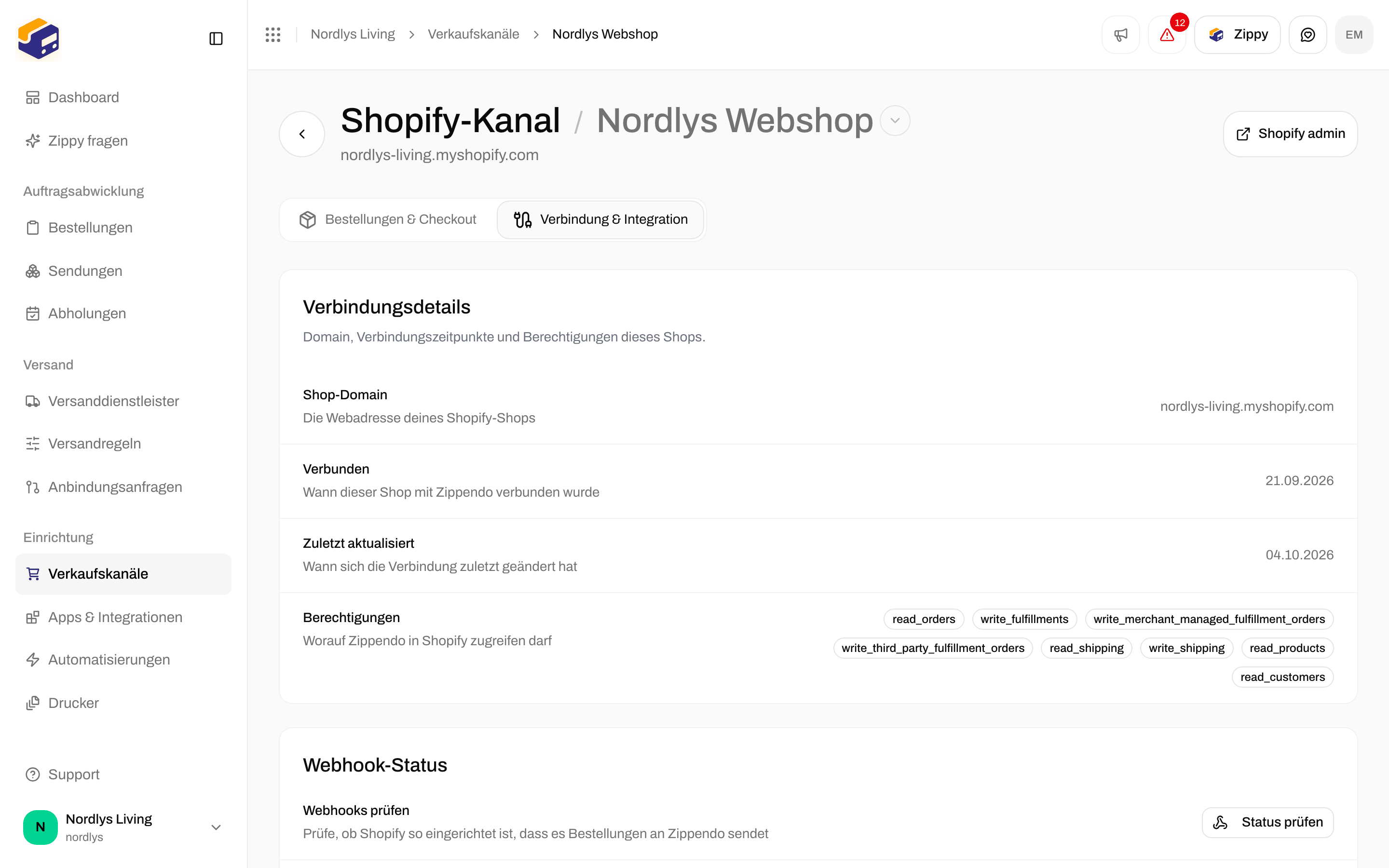 Tab Verbindung & Integration bei Shopify mit Verbindungsdetails und Statusprüfungen