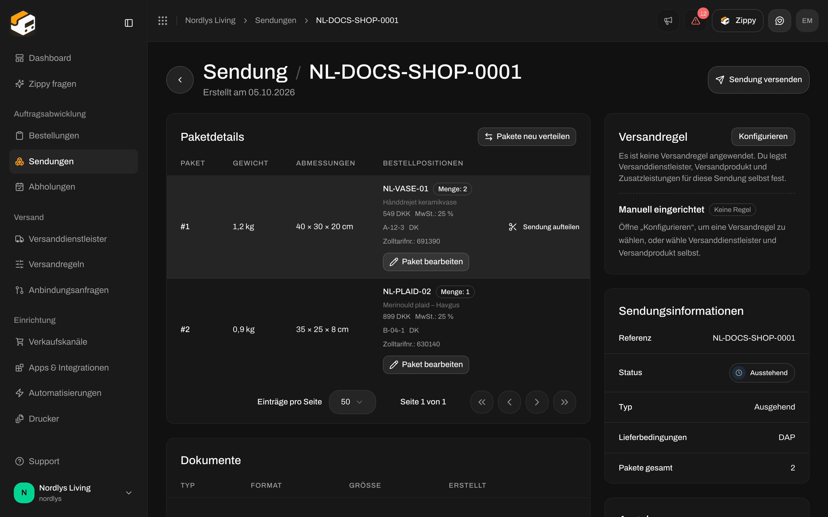 Paketdetails mit zwei Paketen, Sendung aufteilen, Pakete neu verteilen und Paket bearbeiten