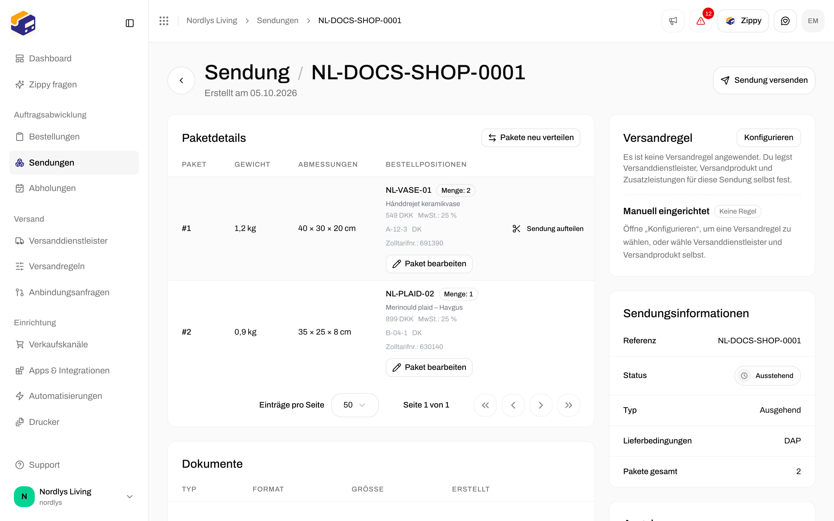 Paketdetails mit zwei Paketen, Sendung aufteilen, Pakete neu verteilen und Paket bearbeiten