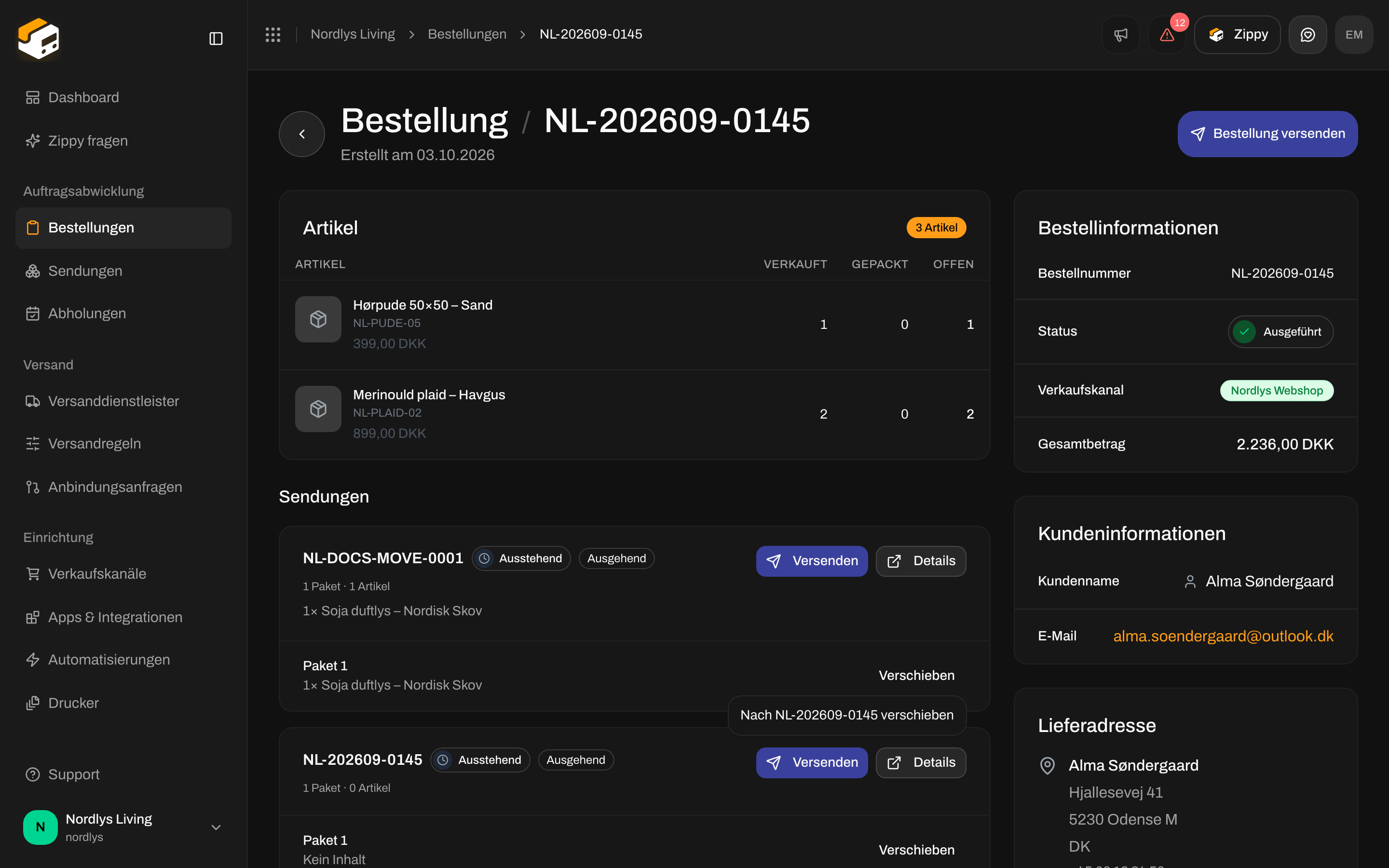 Sendungskarte einer Bestellung mit der Liste Verschieben, die die Referenz einer anderen Sendung zeigt