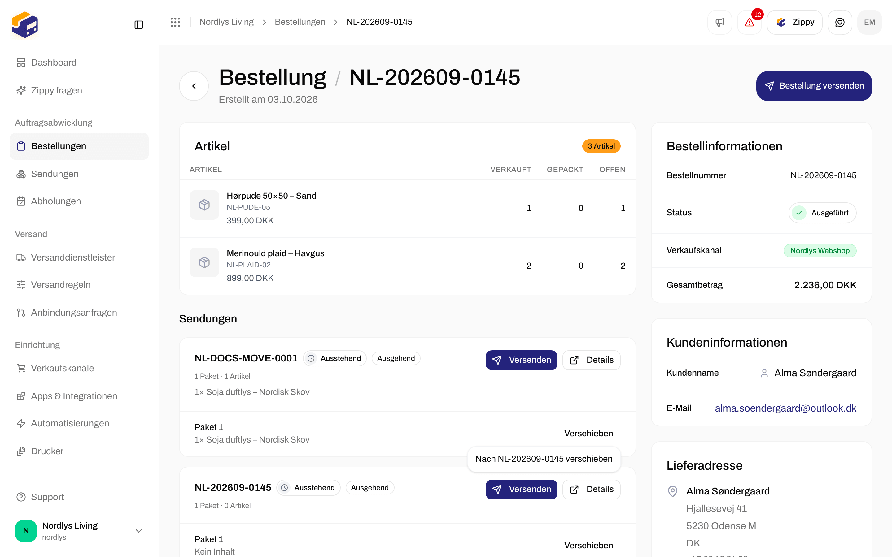 Sendungskarte einer Bestellung mit der Liste Verschieben, die die Referenz einer anderen Sendung zeigt