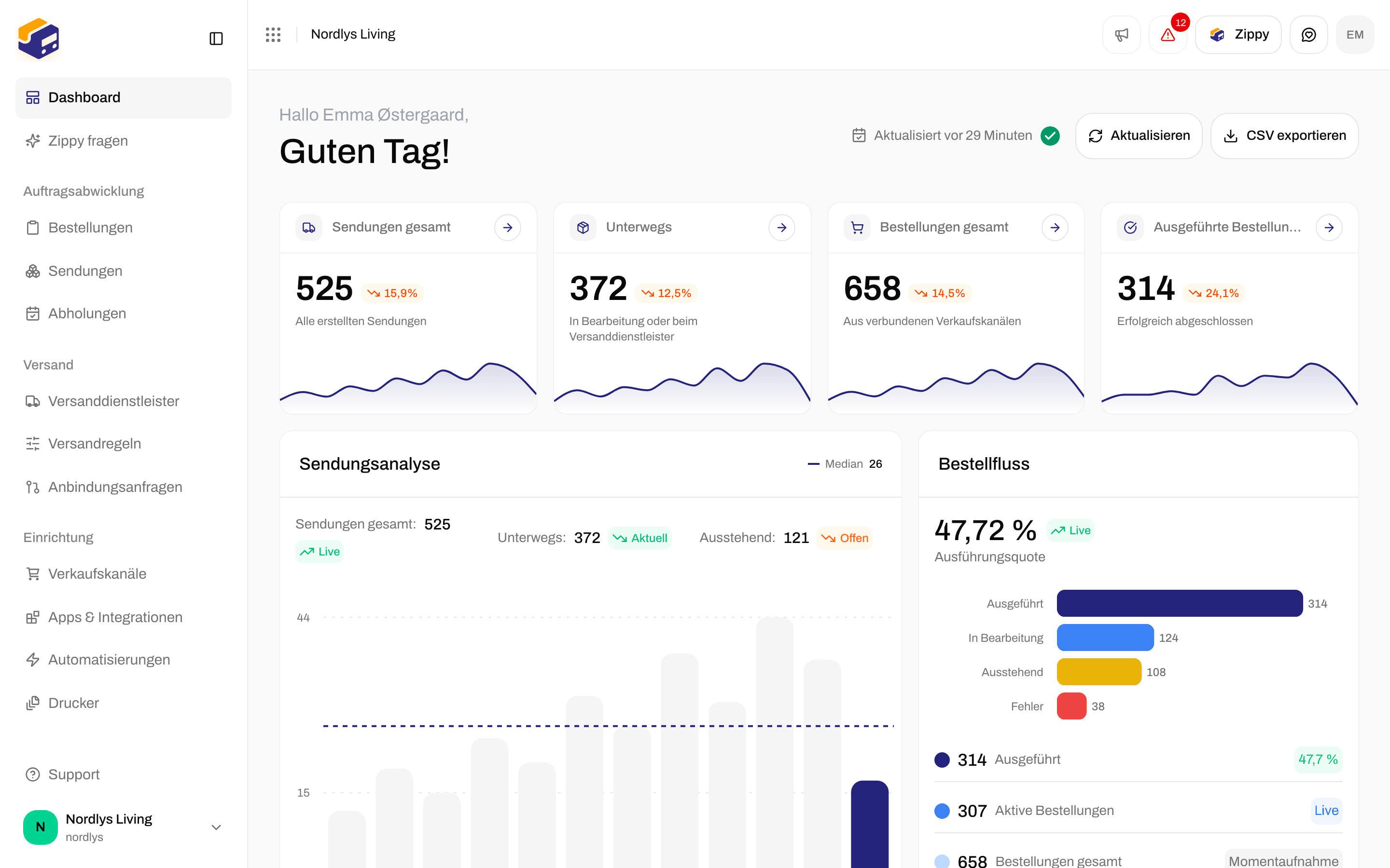 Organisationsauswahl in der Seitenleiste mit dem Namen der aktuellen Organisation