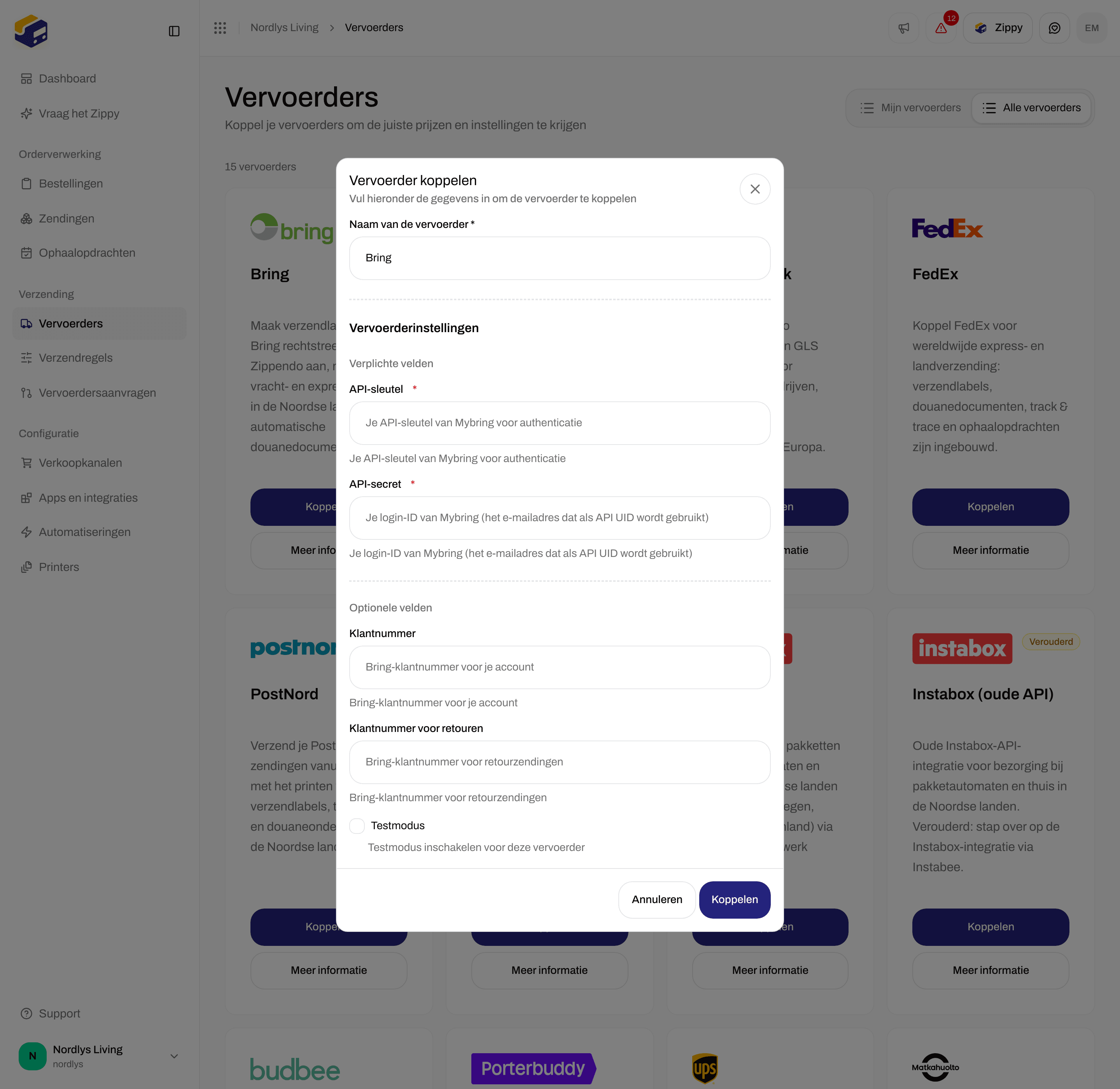 Koppelformulier van Bring gescrolld naar Optionele velden met Klantnummer, Klantnummer voor retouren en Testmodus