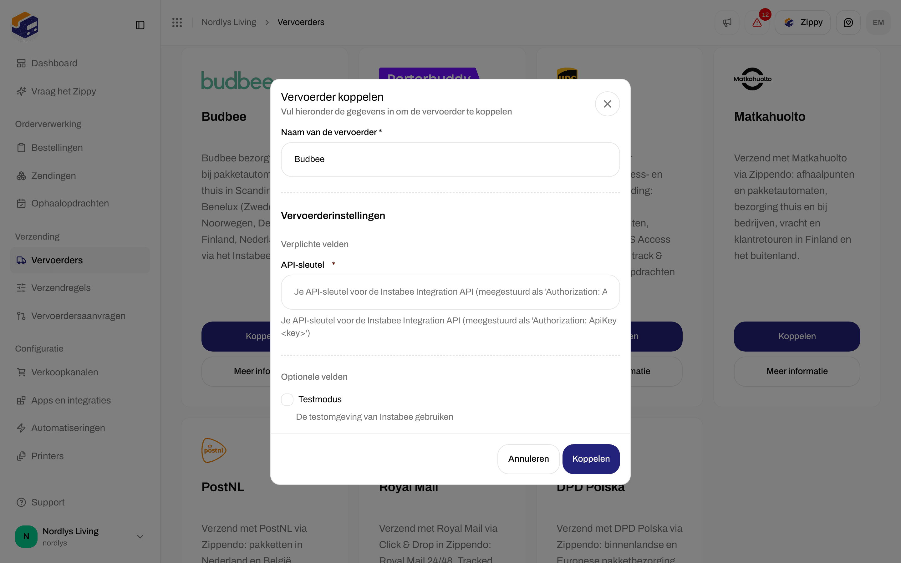 Venster Vervoerder koppelen voor Budbee met de verplichte API-sleutel en de optionele Testmodus