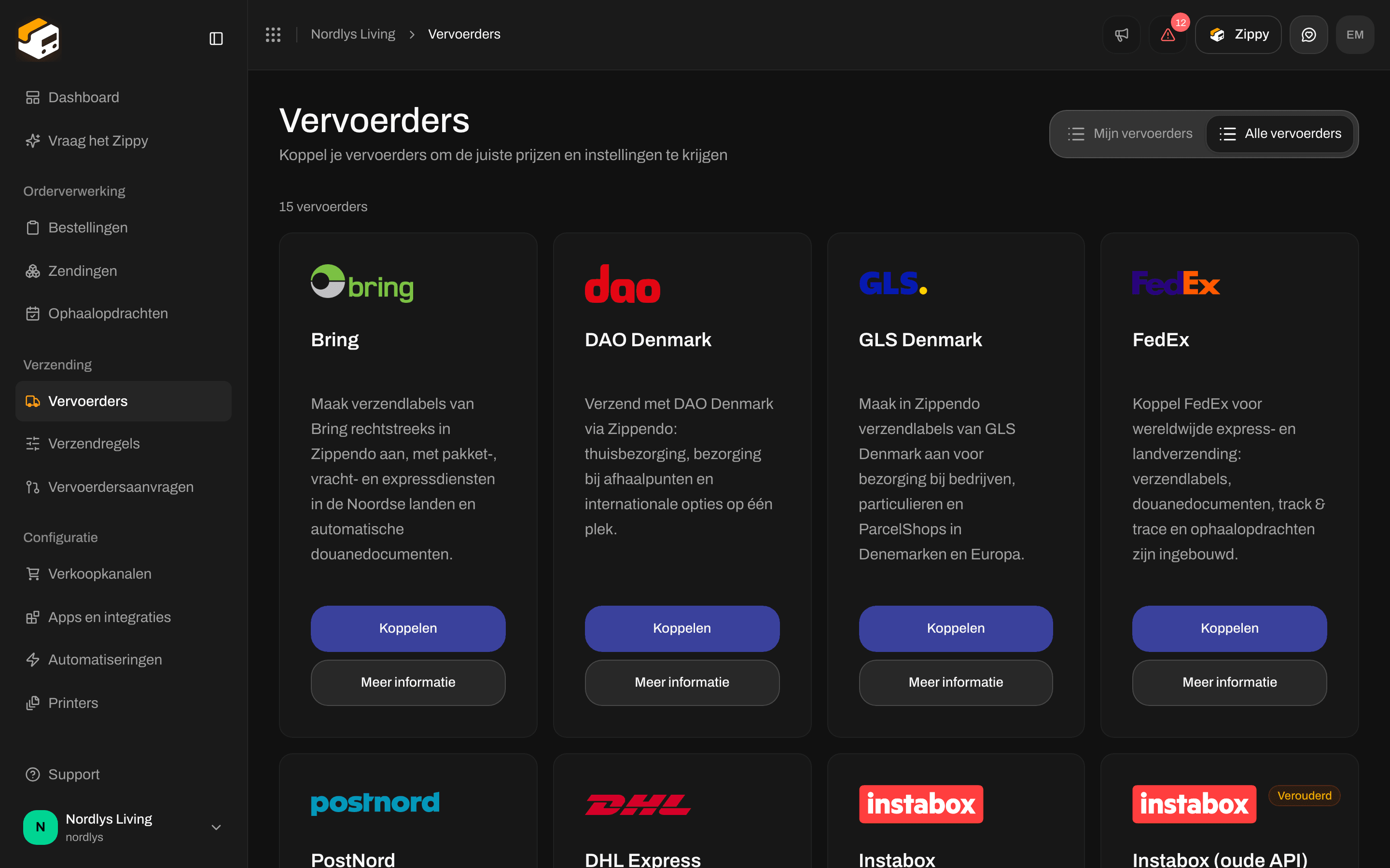 Alle vervoerders met de kaart DAO Denmark en de knoppen Koppelen en Meer informatie