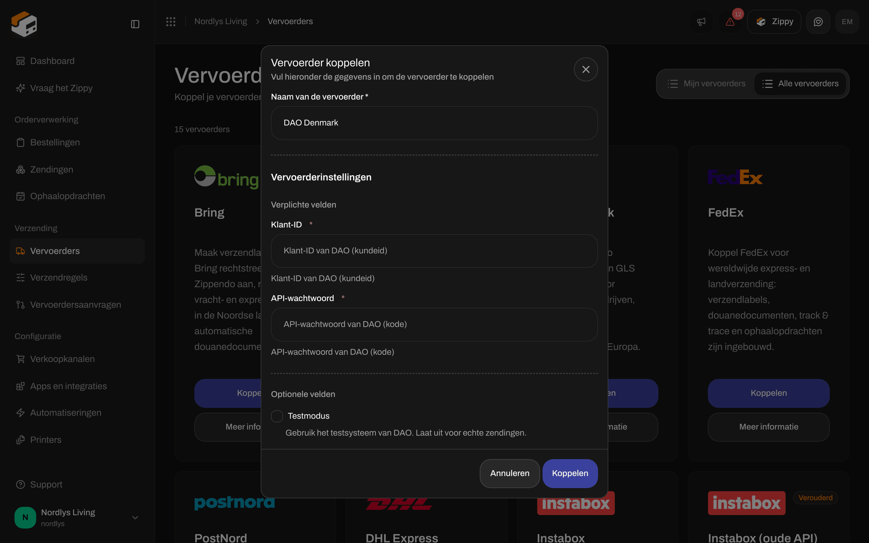 Venster Vervoerder koppelen voor DAO Denmark met de verplichte velden Klant-ID en API-wachtwoord