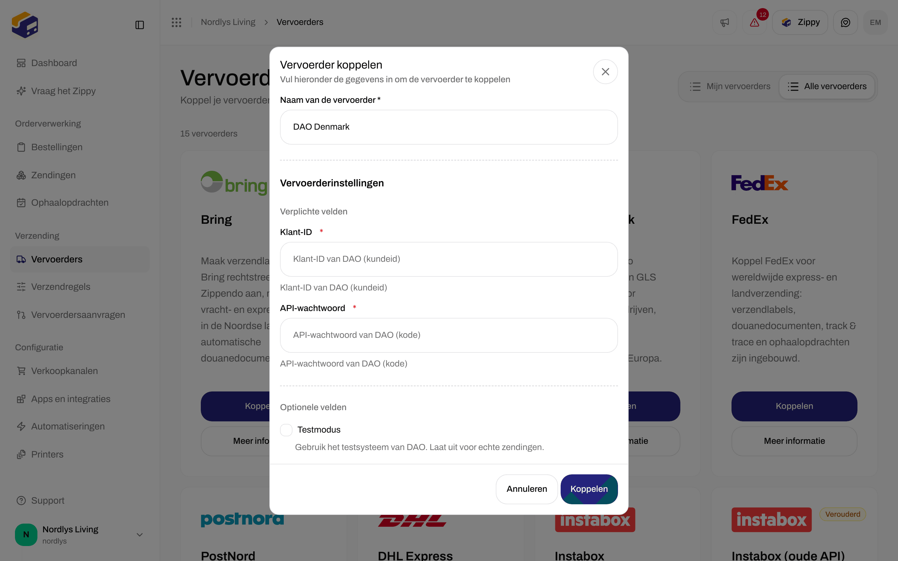 Venster Vervoerder koppelen voor DAO Denmark met de verplichte velden Klant-ID en API-wachtwoord