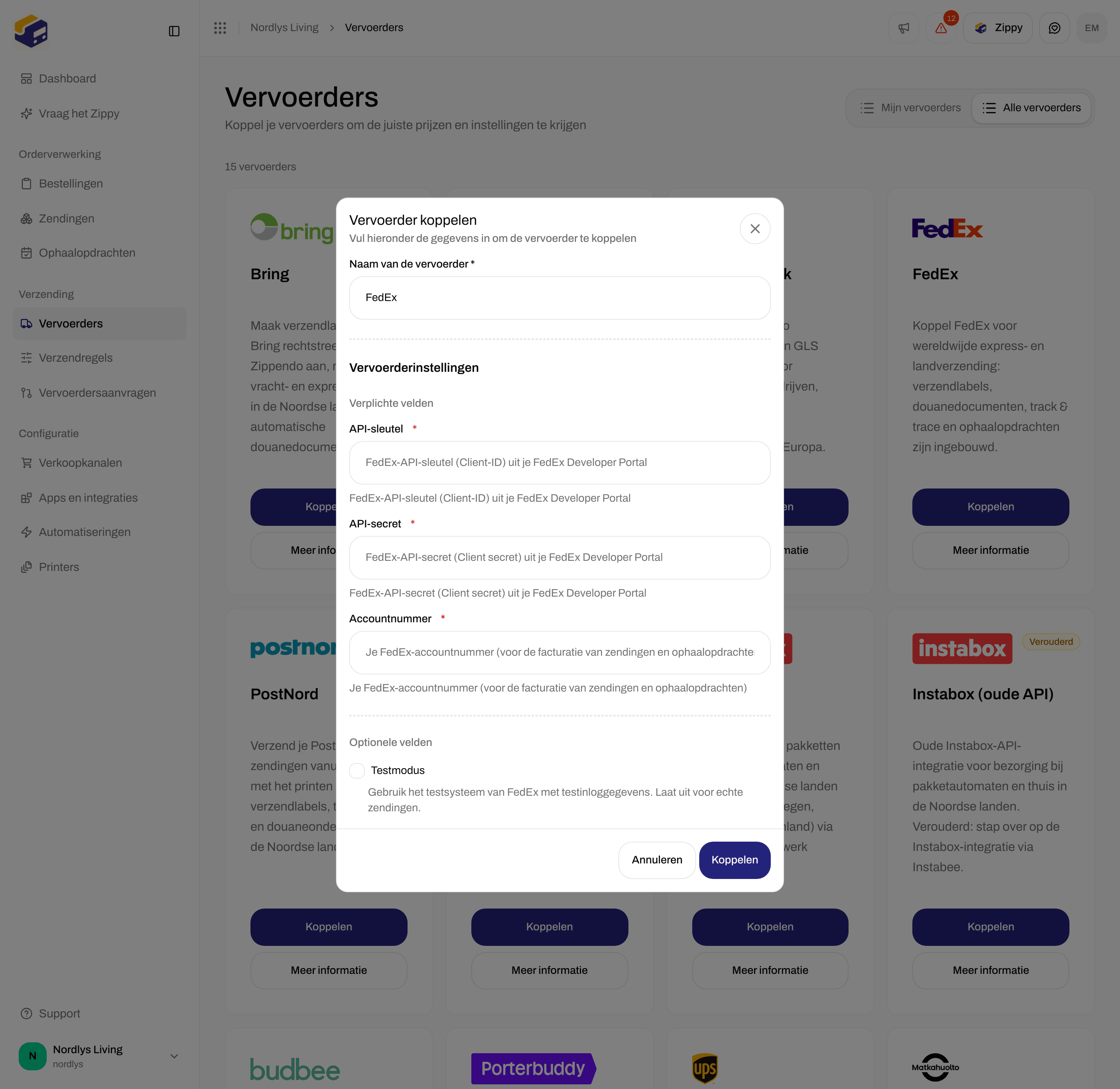 Venster Vervoerder koppelen voor FedEx met de verplichte velden API-sleutel, API-secret en Accountnummer