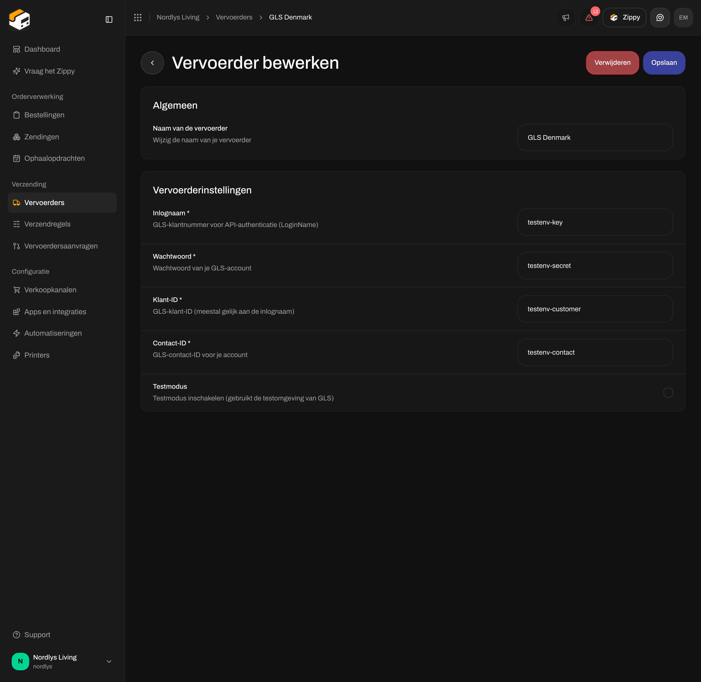 Vervoerder bewerken voor GLS Denmark met Inlognaam, Wachtwoord, Klant-ID, Contact-ID en Testmodus
