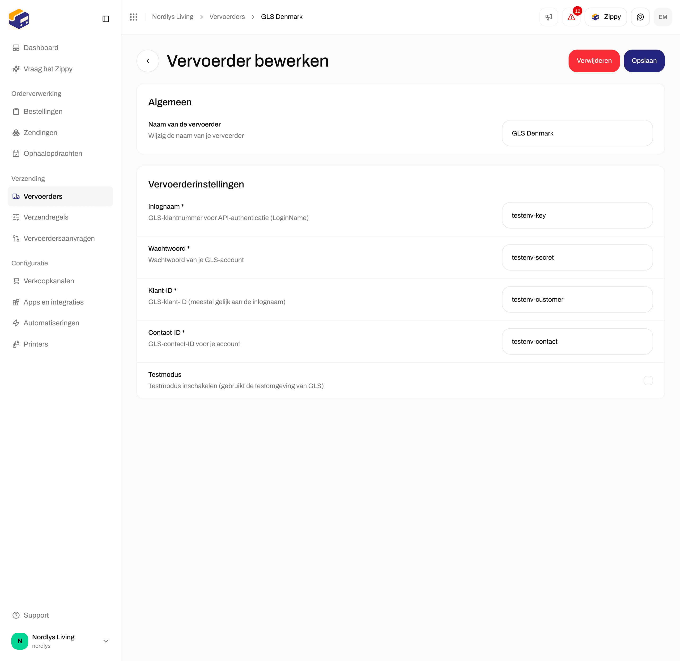 Vervoerder bewerken voor GLS Denmark met Inlognaam, Wachtwoord, Klant-ID, Contact-ID en Testmodus
