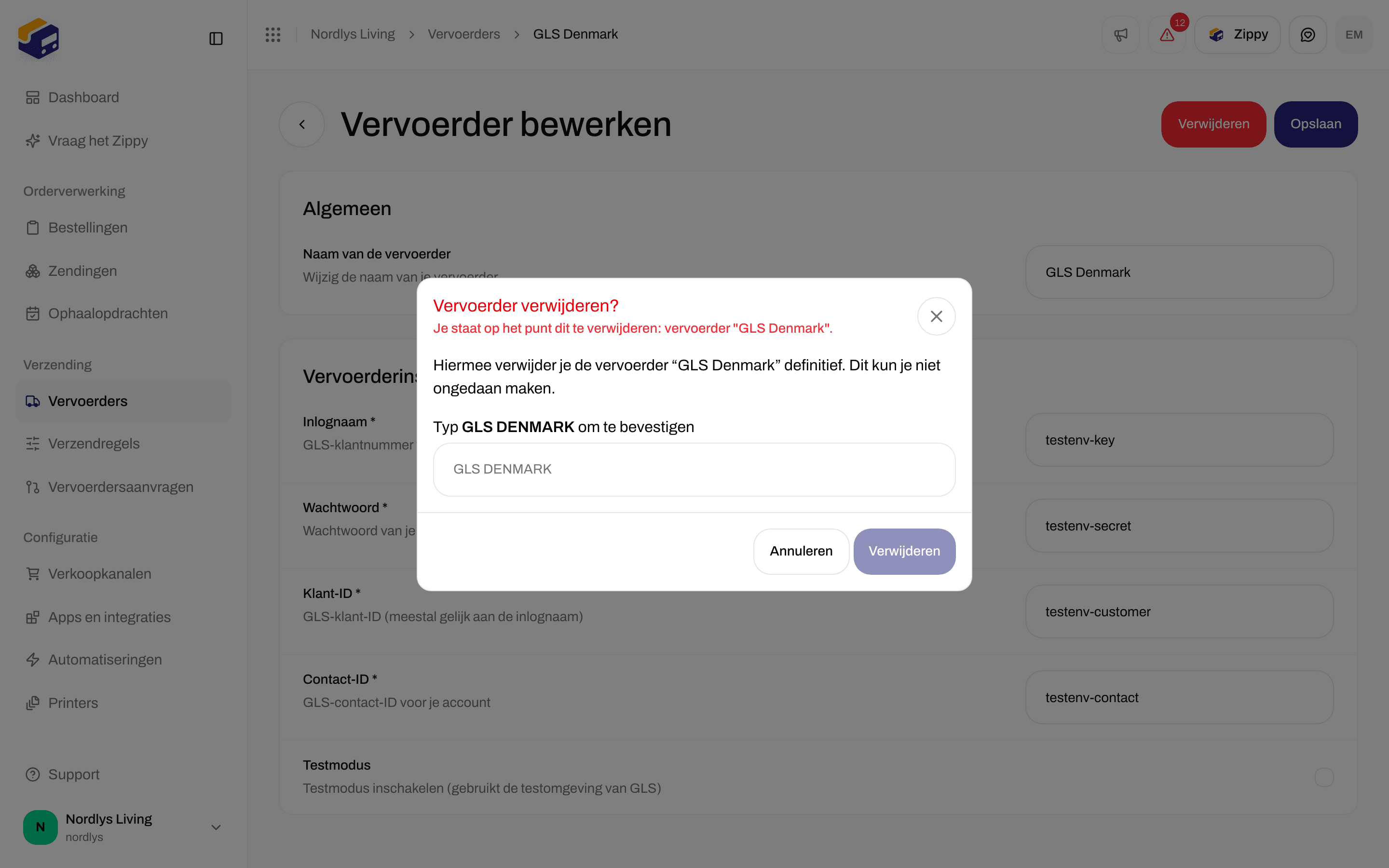 Venster Vervoerder verwijderen dat vraagt de naam GLS Denmark in hoofdletters te typen