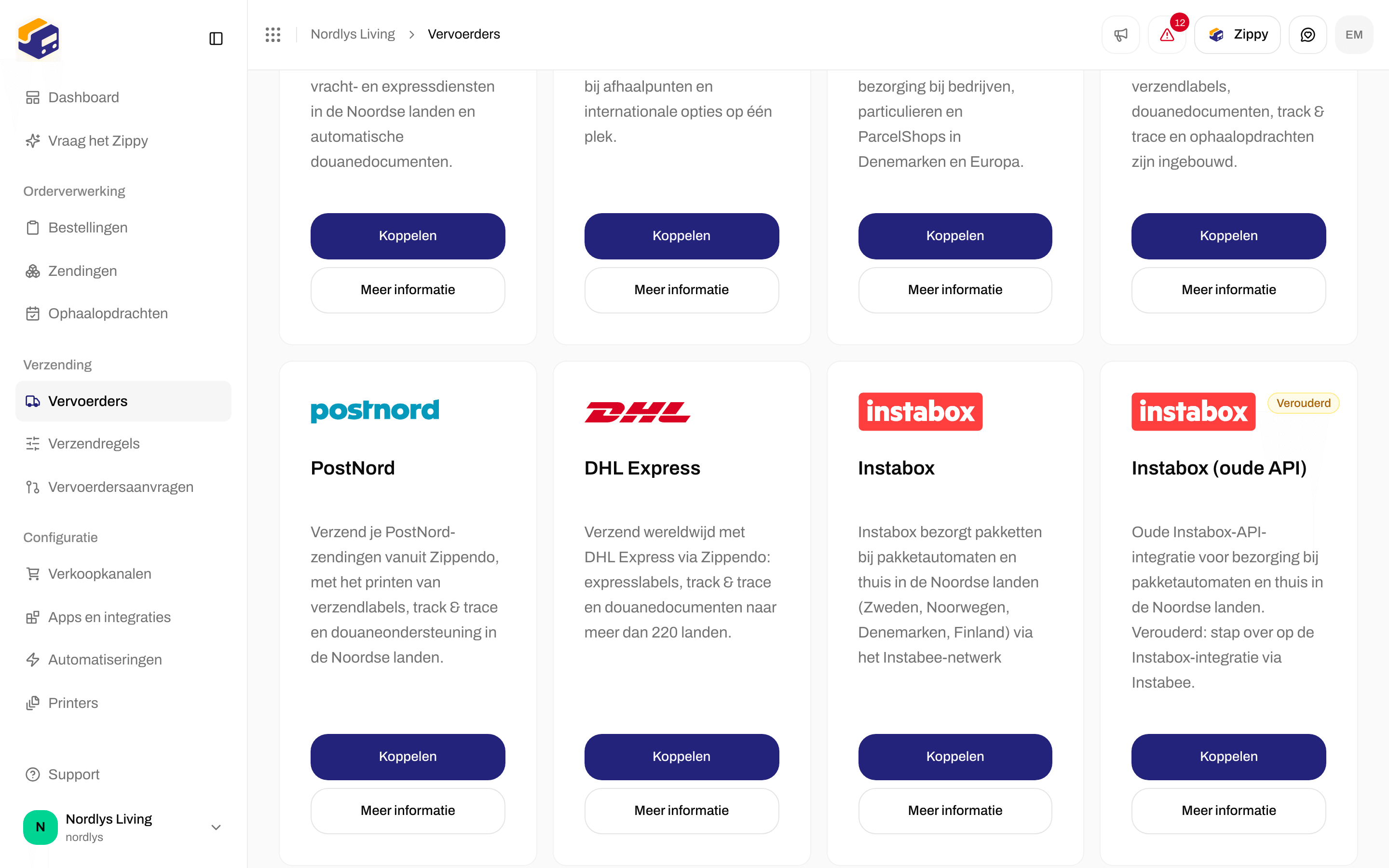 Alle vervoerders met de kaart van Instabox en de knoppen Koppelen en Meer informatie