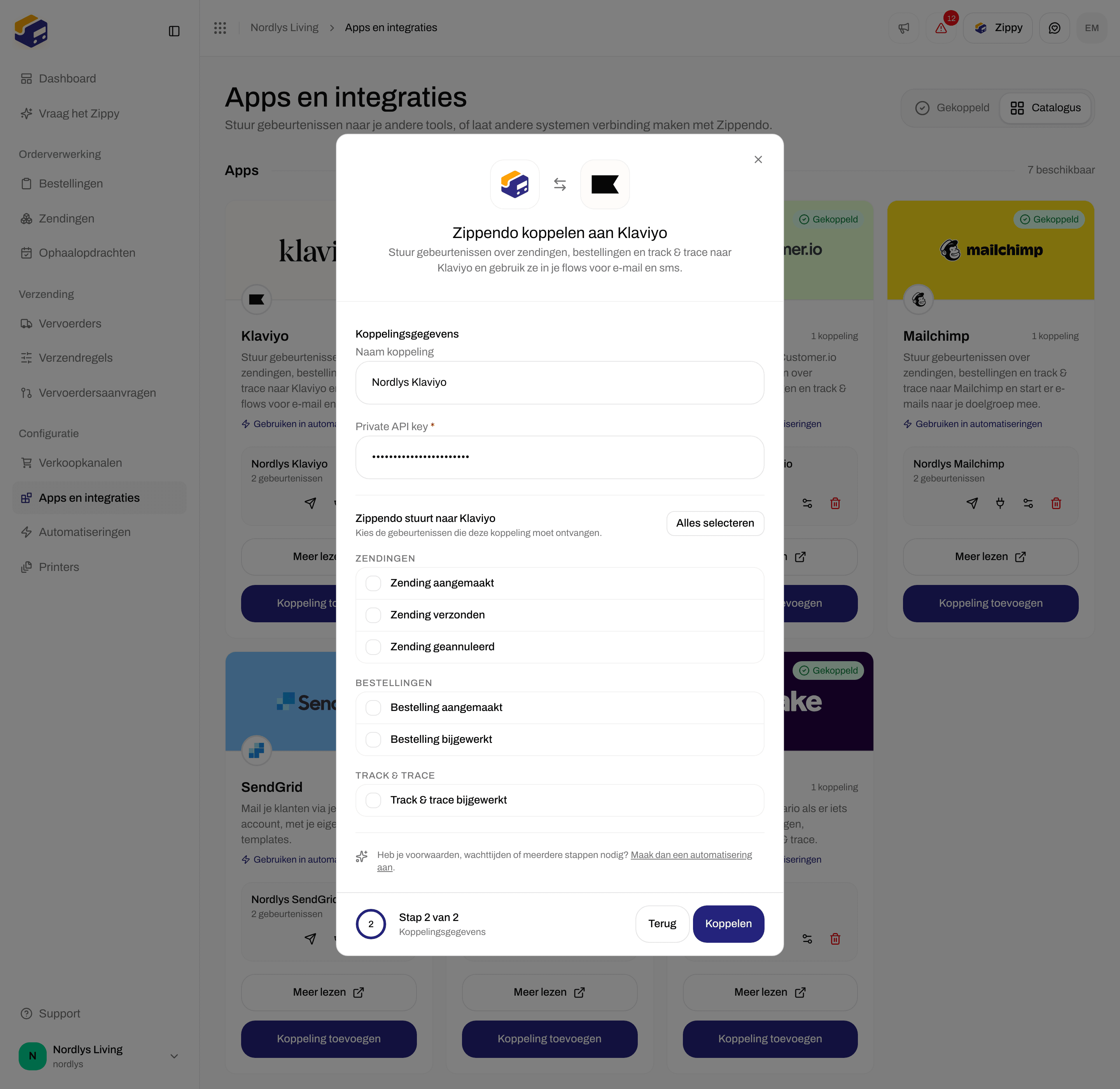 Koppelvenster voor Klaviyo met een naam voor de koppeling, het veld Private API key en selectievakjes voor gebeurtenissen