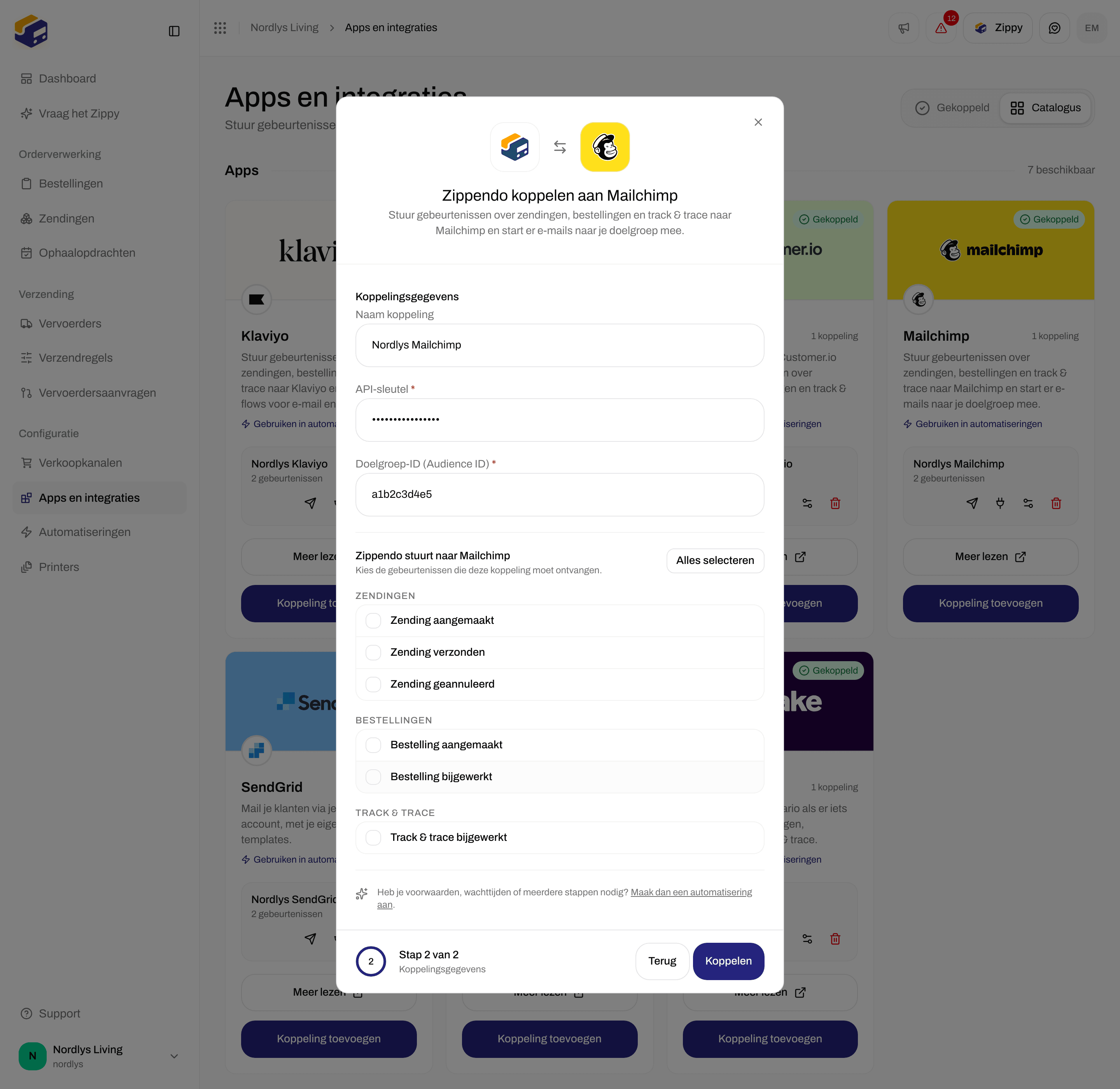 Koppelingsvenster voor Mailchimp met een naam voor de koppeling, API-sleutel, Audience ID en selectievakjes voor gebeurtenissen