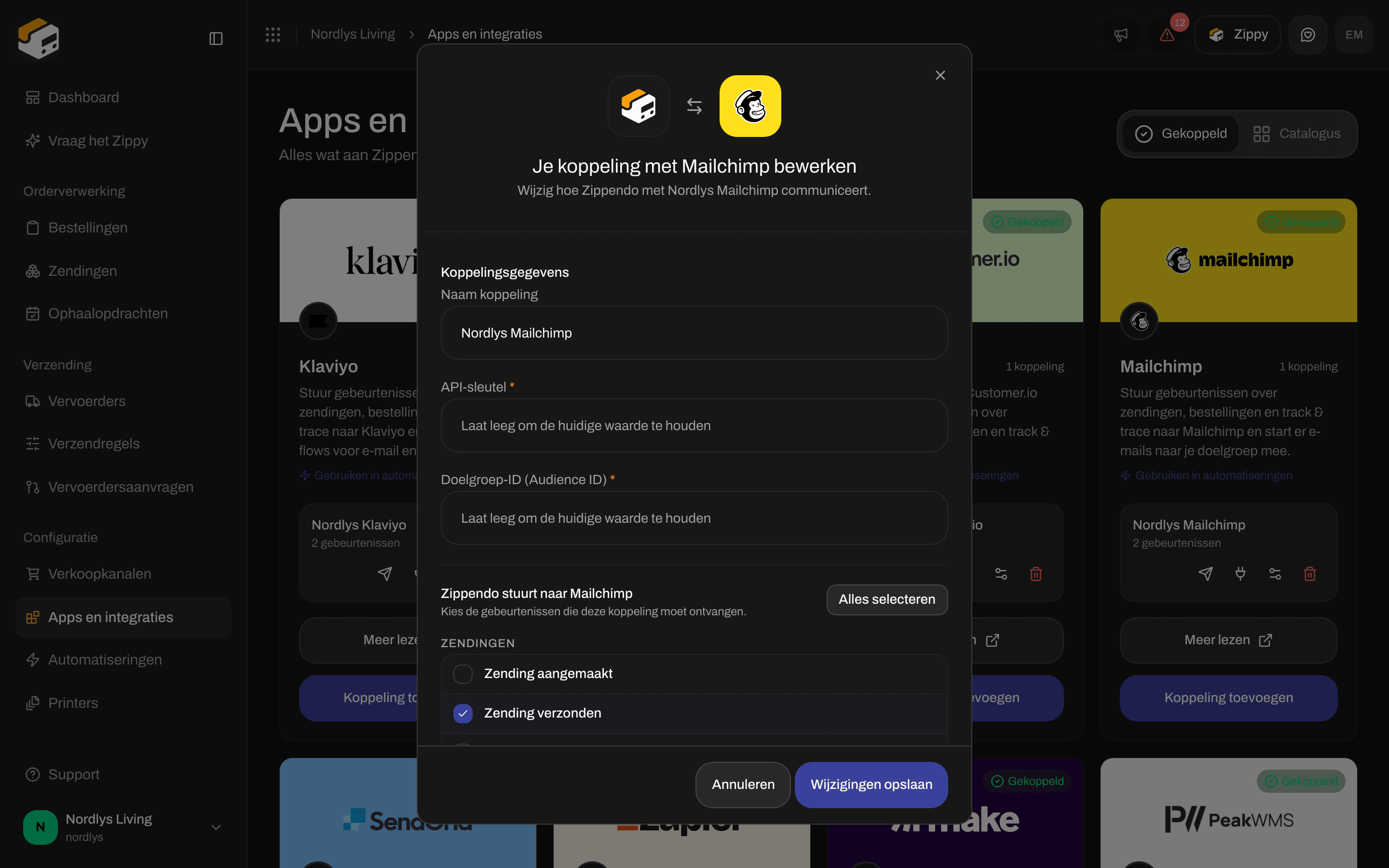 Bewerkvenster voor een Mailchimp-koppeling met de naam van de koppeling, lege velden voor API-sleutel en Audience ID en de gebeurtenissen