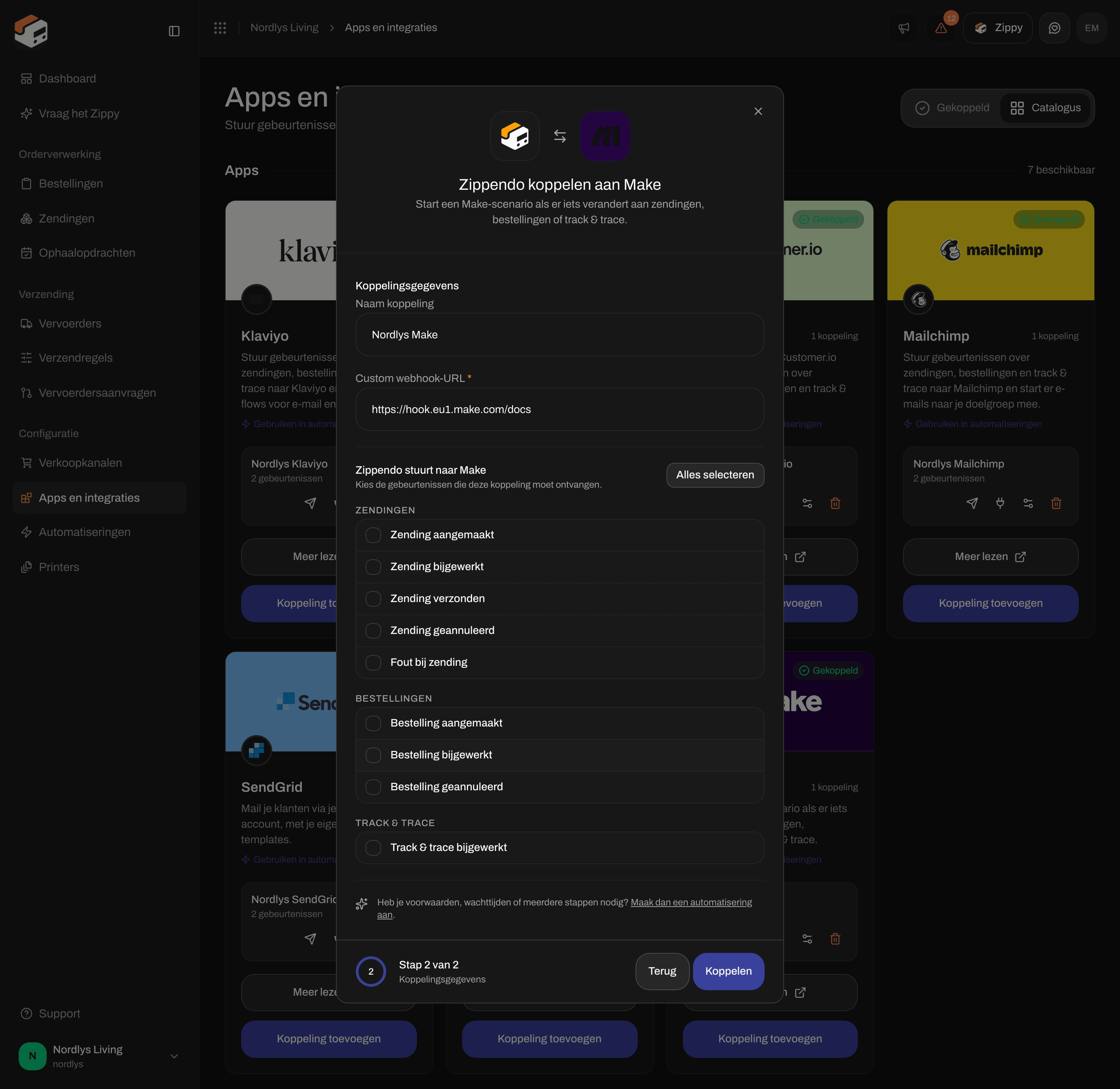 Koppelvenster voor Make met een naam voor de koppeling, de Custom webhook-URL en selectievakjes voor gebeurtenissen