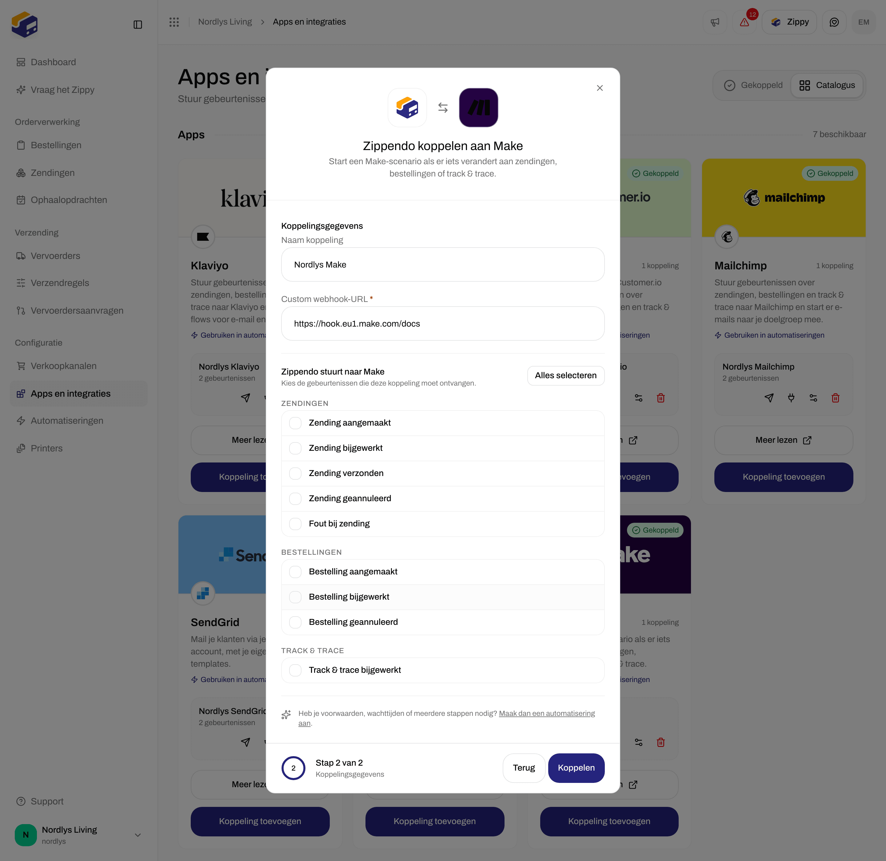 Koppelvenster voor Make met een naam voor de koppeling, de Custom webhook-URL en selectievakjes voor gebeurtenissen