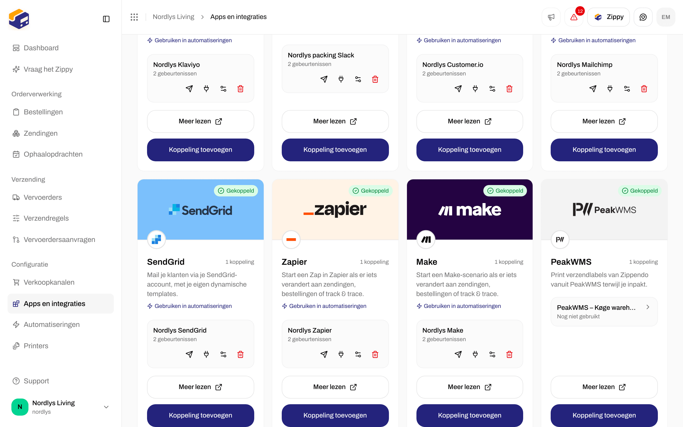Tabblad Gekoppeld met een Make-koppeling en de pictogrammen voor testen, afleverlog, bewerken en verwijderen