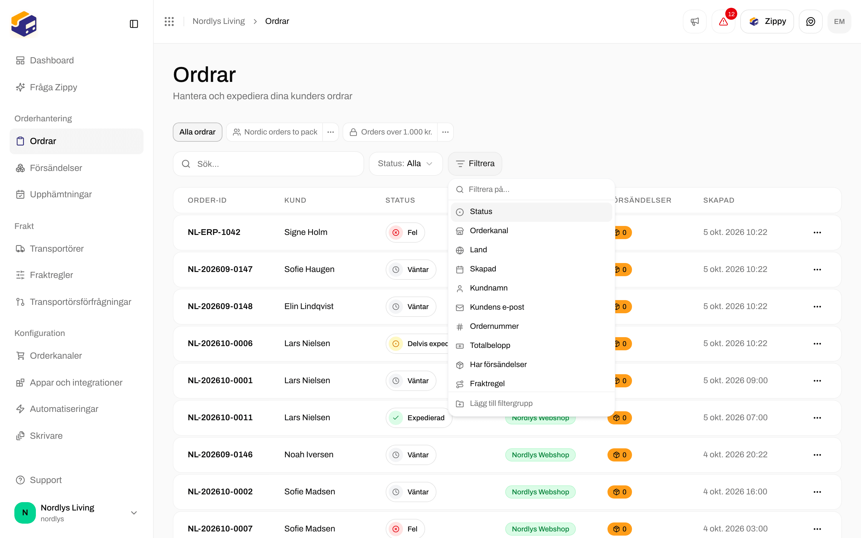 Orderlistan med menyn Filtrera öppen, med Status, Orderkanal, Land, Skapat och fler