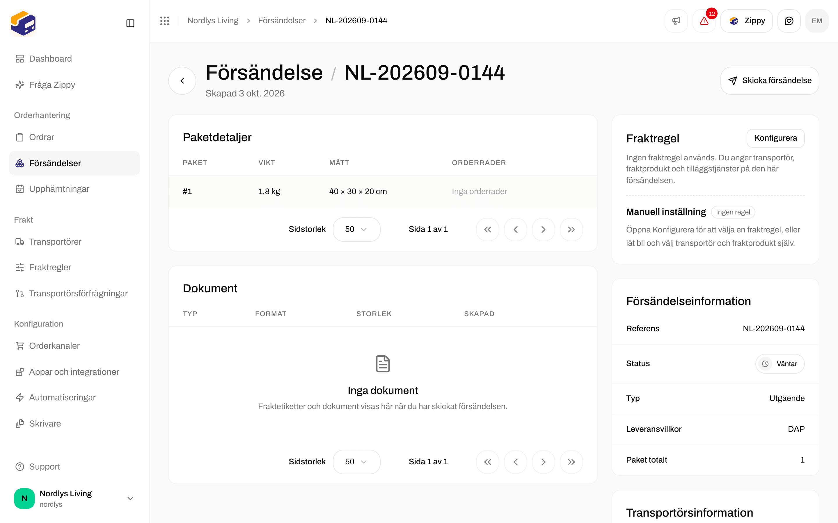 Väntande försändelse med Skicka försändelse överst på sidan