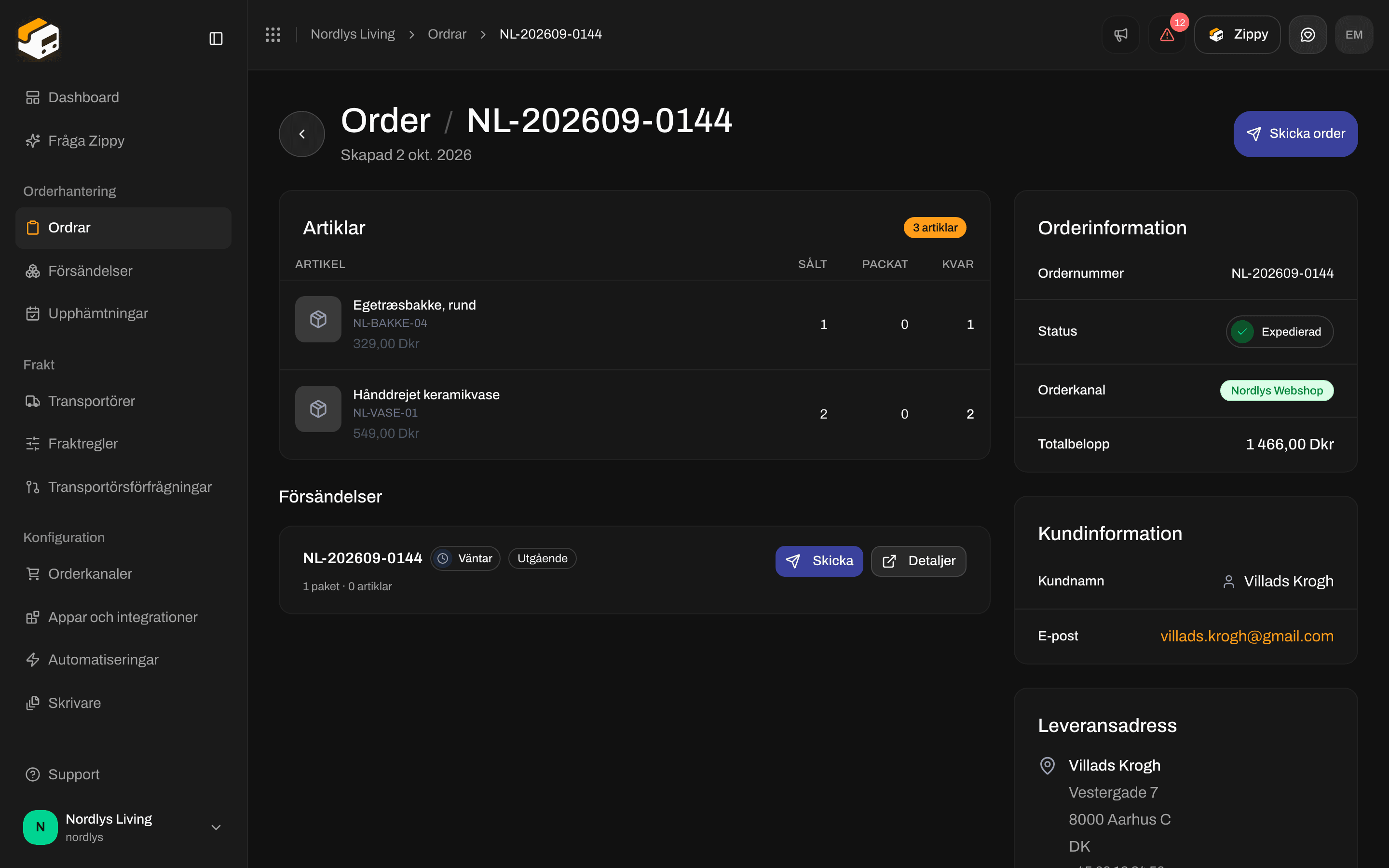Orderns flik Försändelser med Skicka order överst och ett kort för en väntande försändelse