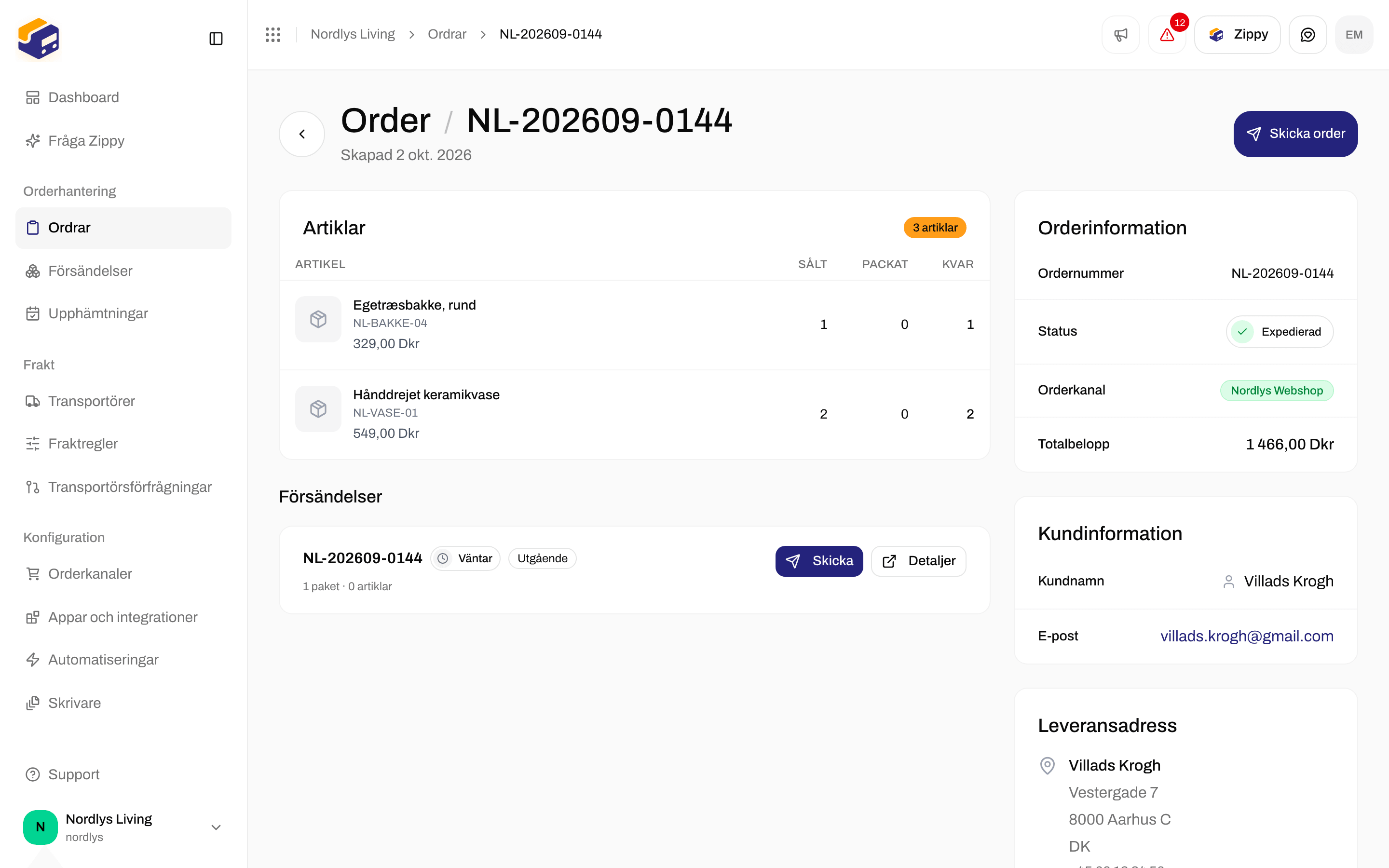 Orderns flik Försändelser med Skicka order överst och ett kort för en väntande försändelse