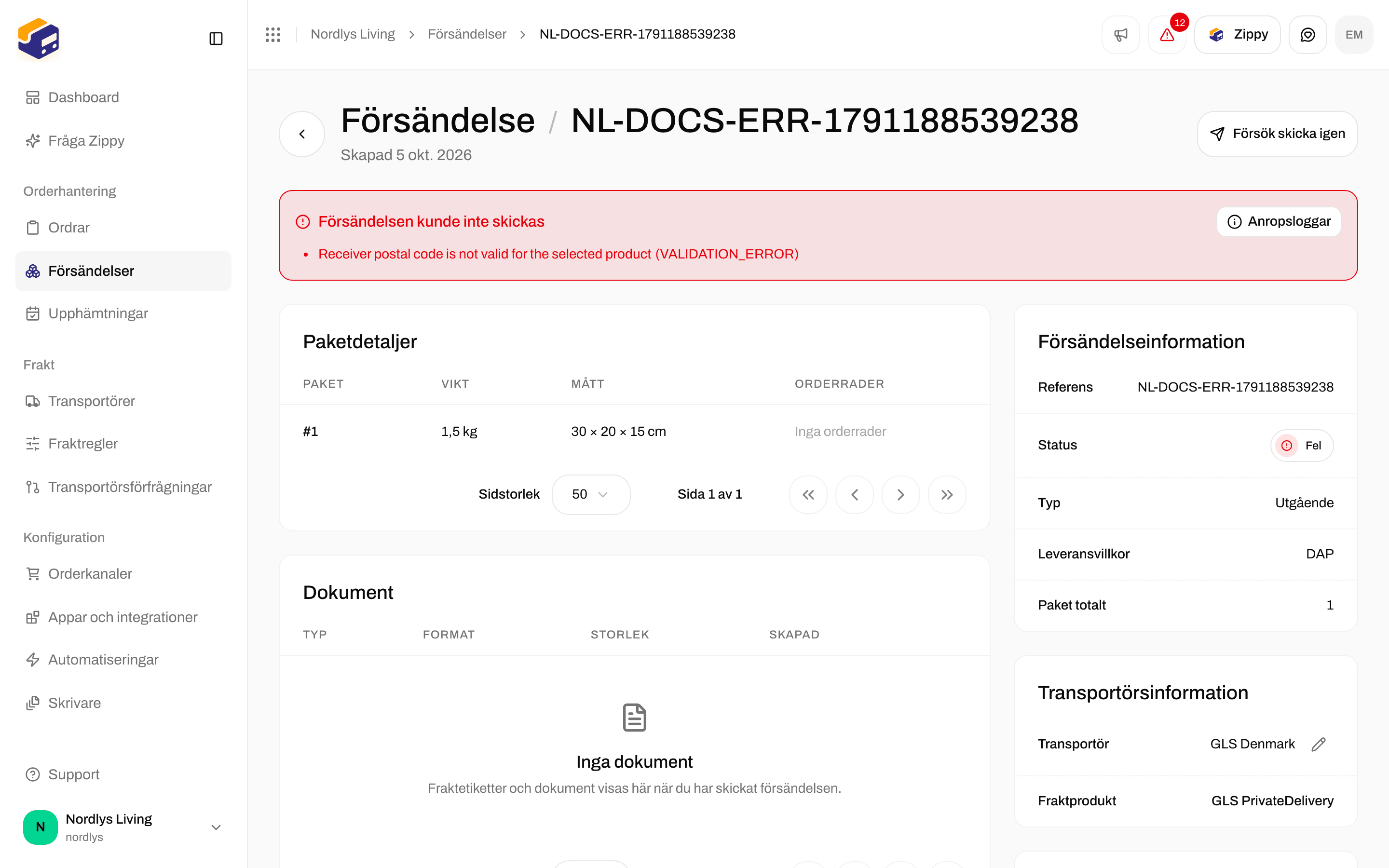 Rutan Försändelsen kunde inte skickas med Försök skicka igen överst på sidan