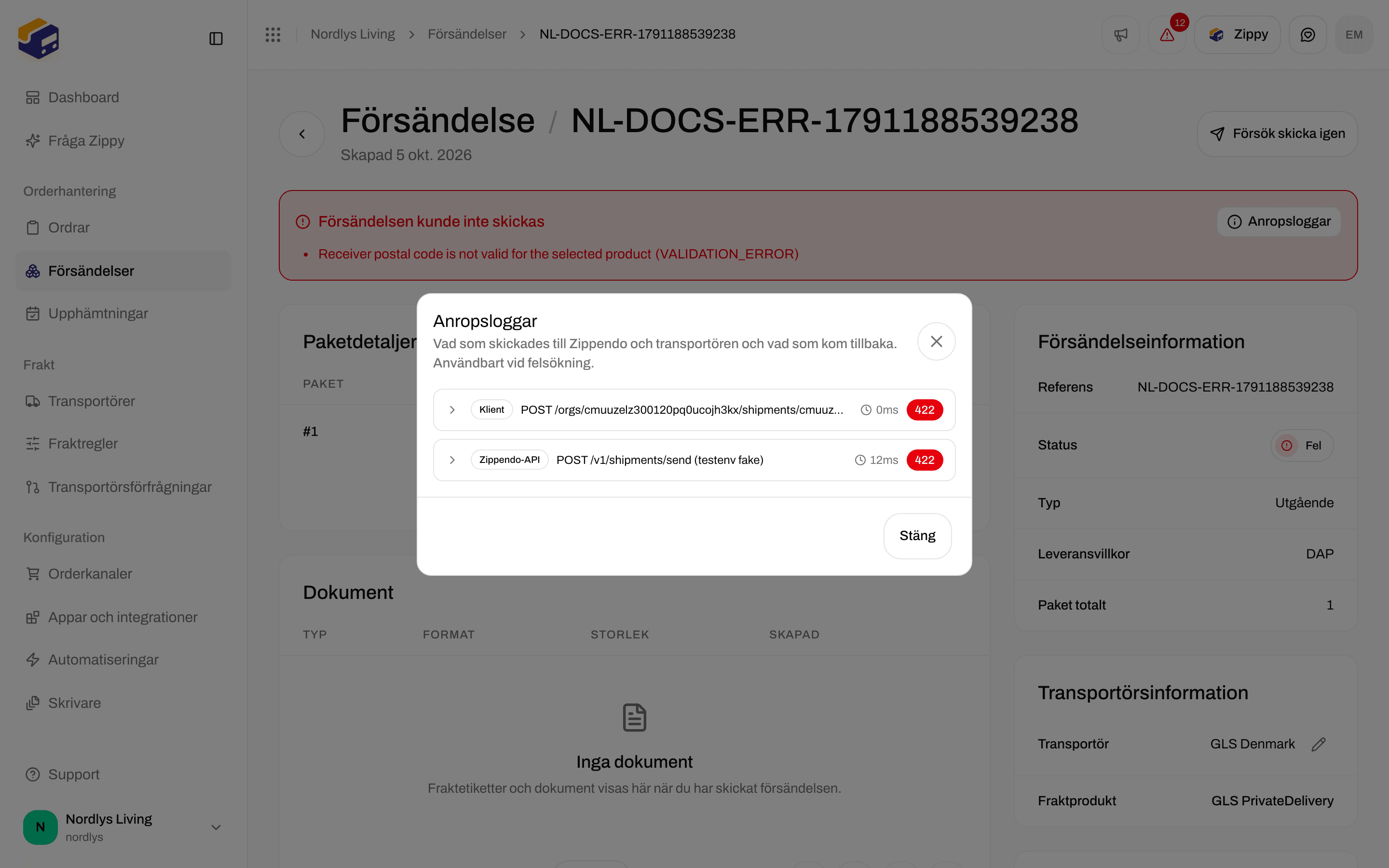 Fönstret Anropsloggar med anrops- och svarsdata för felsökning
